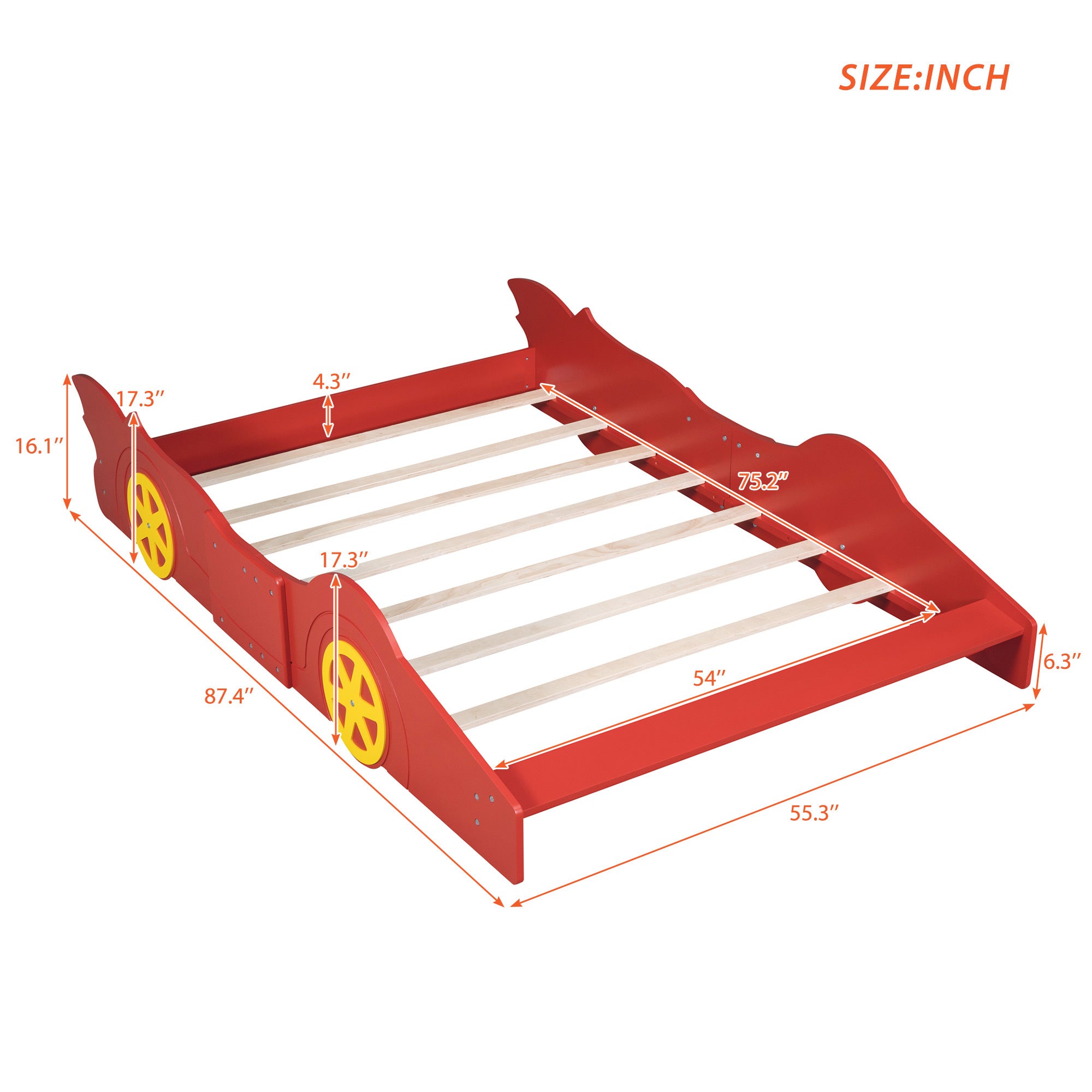 Full Size Race Car-Shaped Platform Bed with Wheels,Red