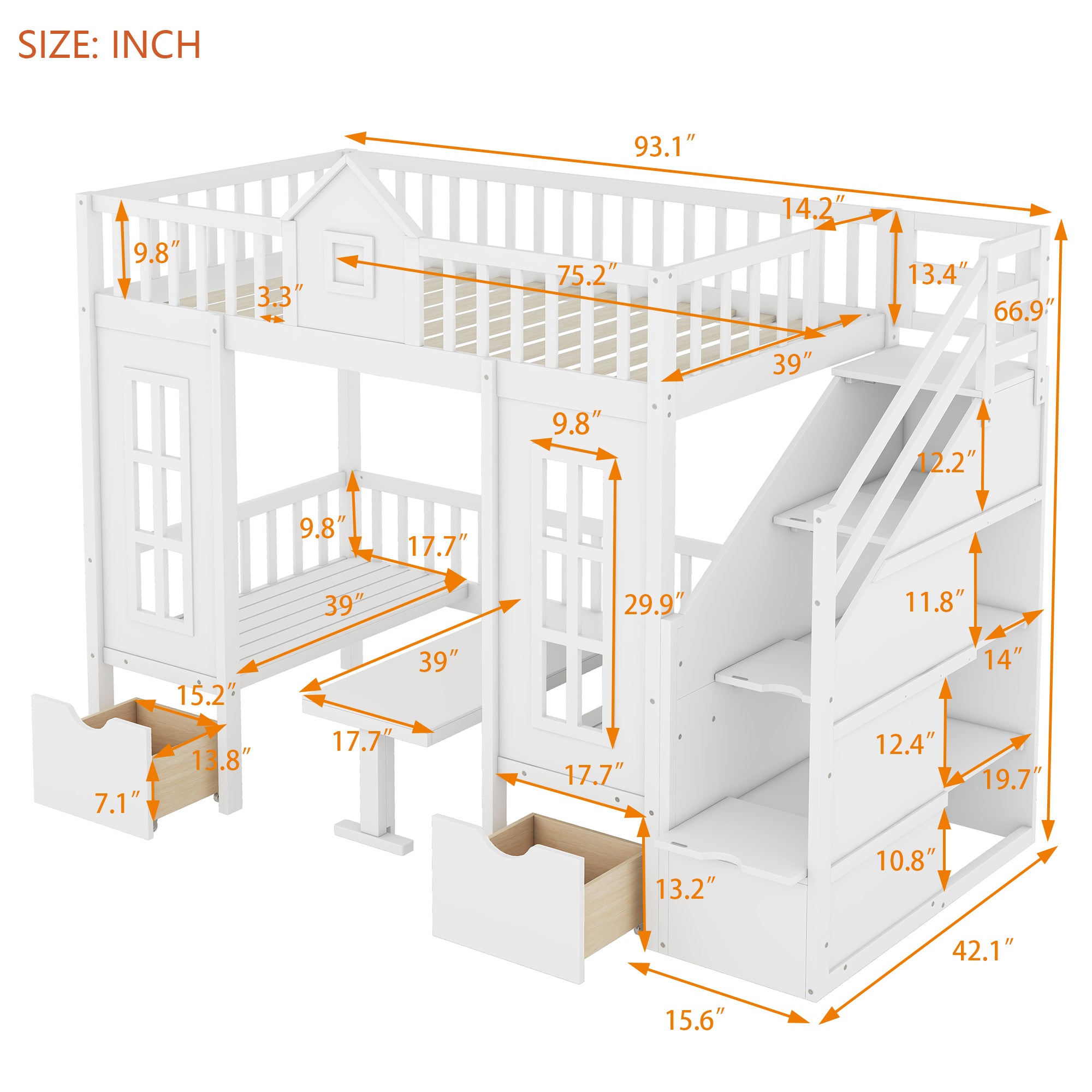 Twin-Over-Twin Bunk Bed with Changeable Table, Bunk Bed Turn into Upper Bed and Down Desk -White