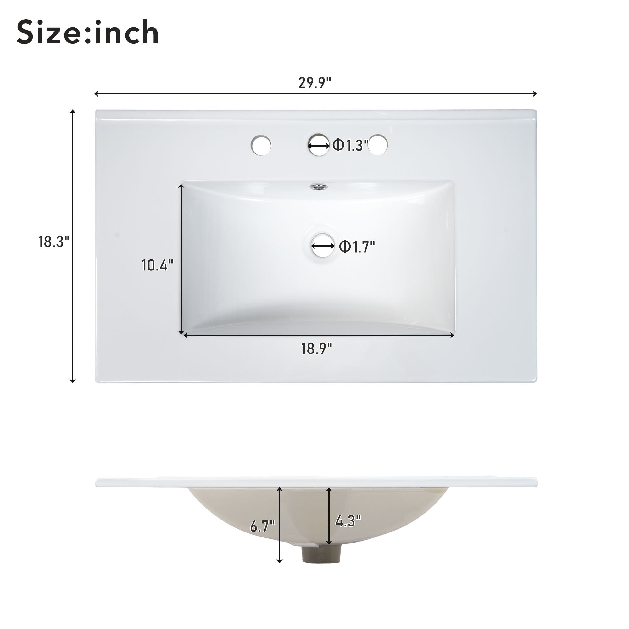 [Sink Only] 30x18" Rectangular 3 Hole Bathroom Ceramic Sink, Vanity Top Sink Only, Fits 8" Center Faucet, White (Faucet and cabinet not included)