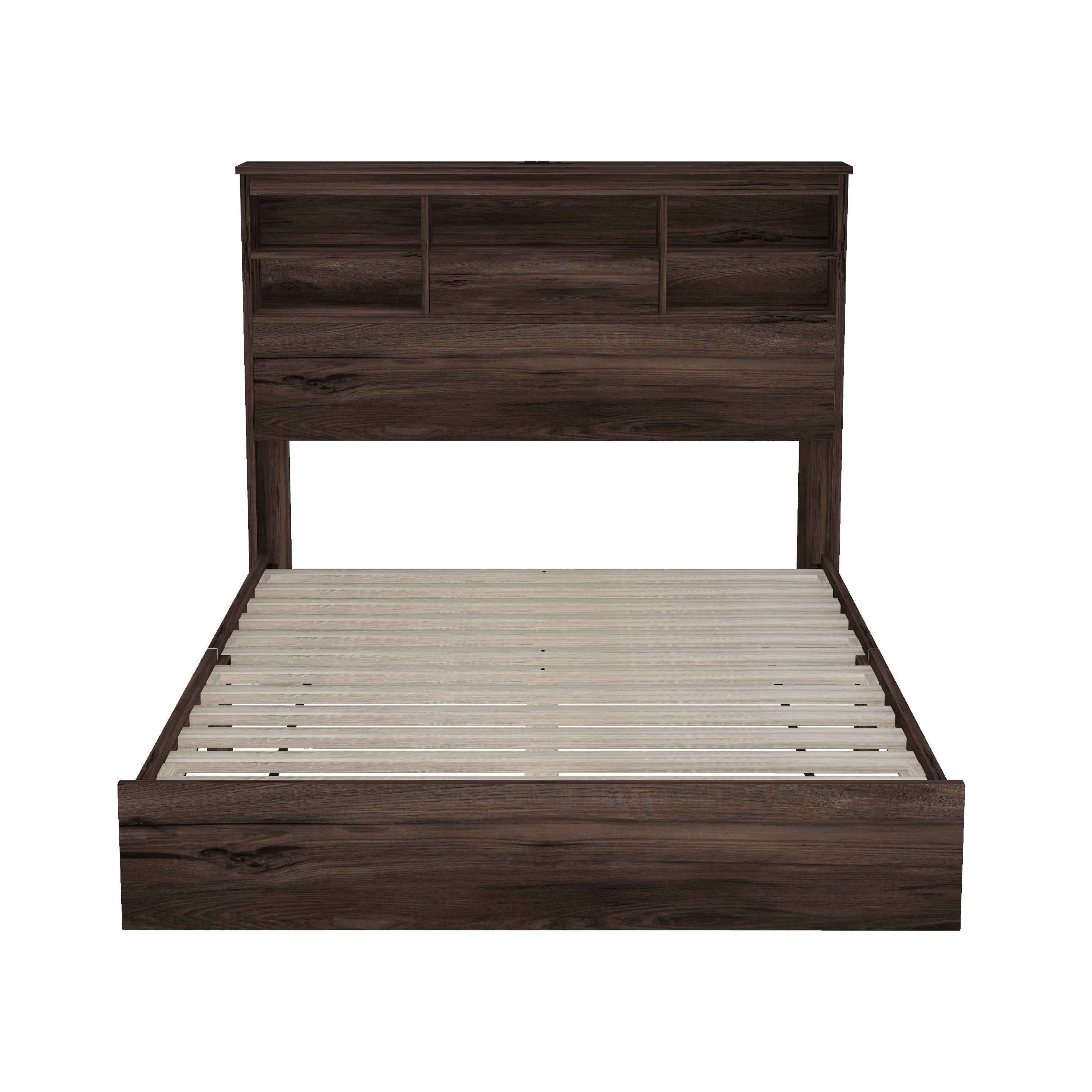 Queen Size Wooden Platform Bed with Storage Headboard,American Country Style Bed with USB Charging Ports,Dark Walnut