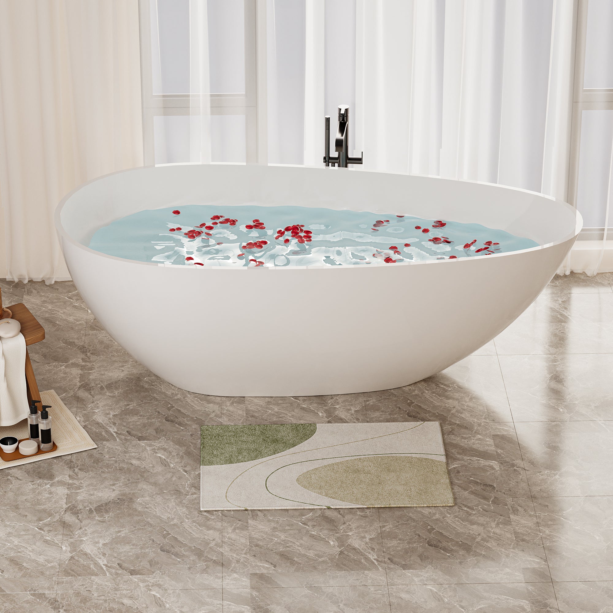 59" Freestanding Solid Surface Bathtub, Luxury Handcrafted Stone Resin Freestanding Soaking Bathtub with Overflow and Pop-up Drain, Glossy White 24S02-59GW