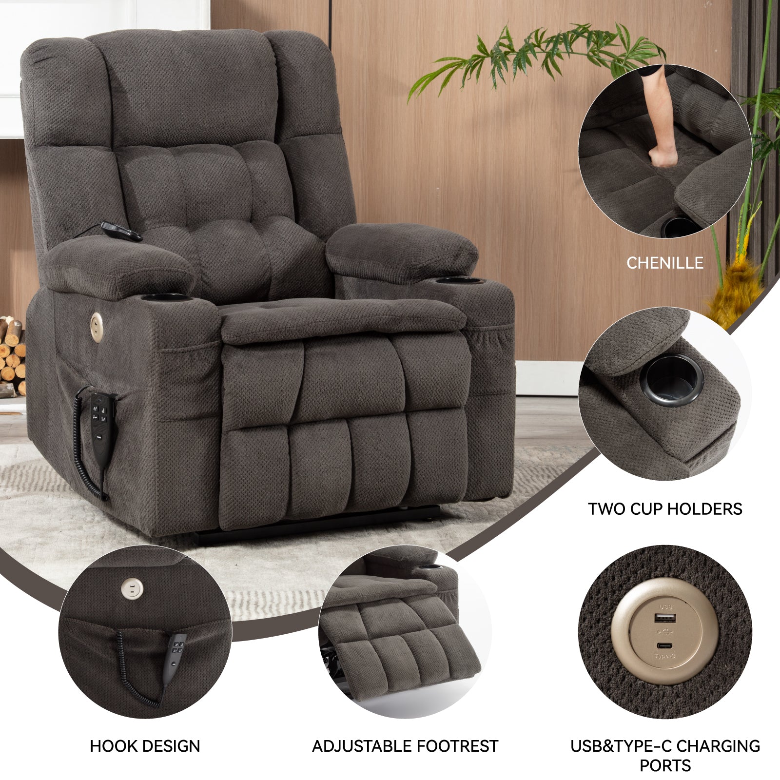 Brown Dual Motor Infinite Position Up to 350 LBS Chenille Power Lift Recliner Chair, Heavy Duty Motion Mechanism with 8-Point Vibration Massage and Lumbar Heating, Dual Cup Holders