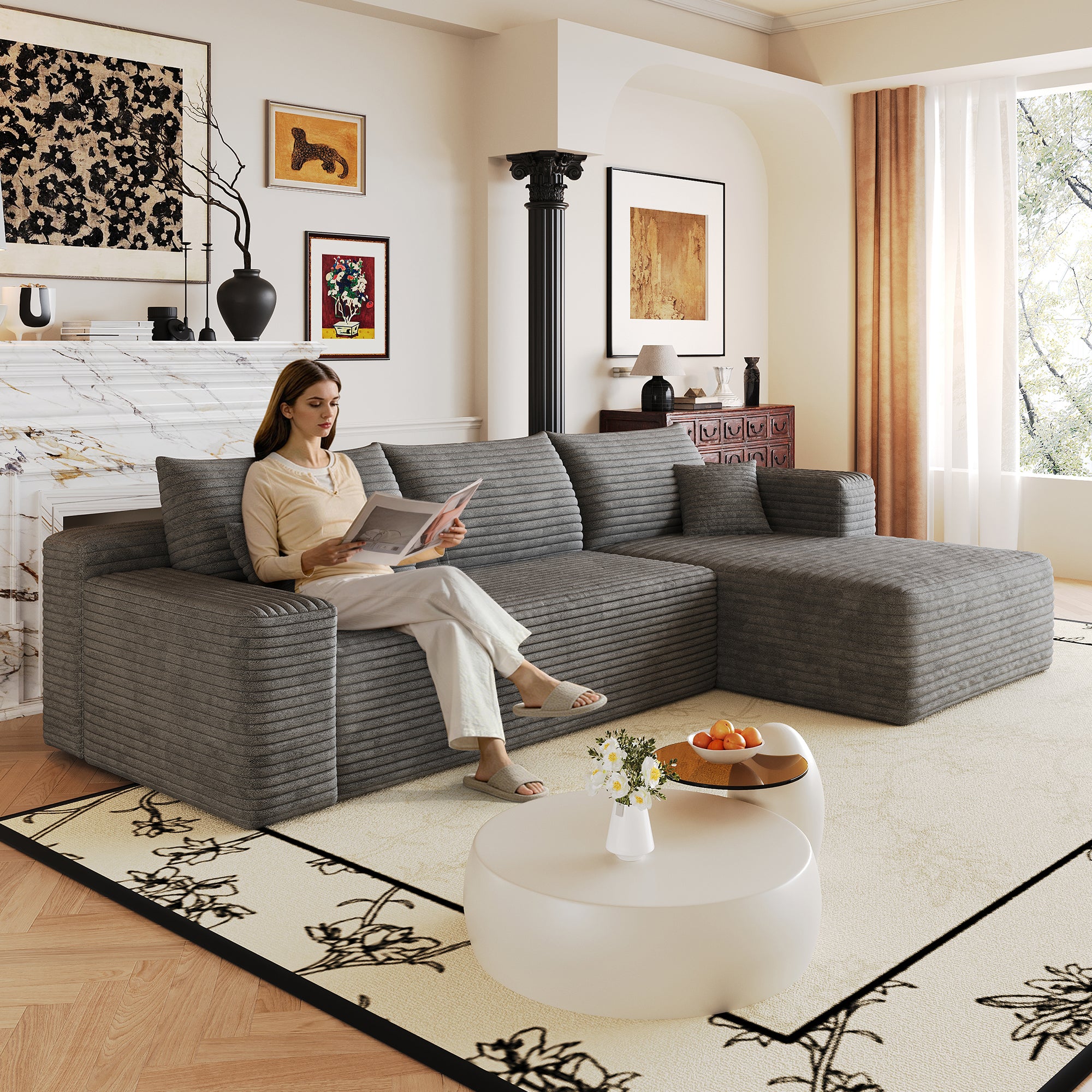 Dark grey corduroy sectional sofa, angled view