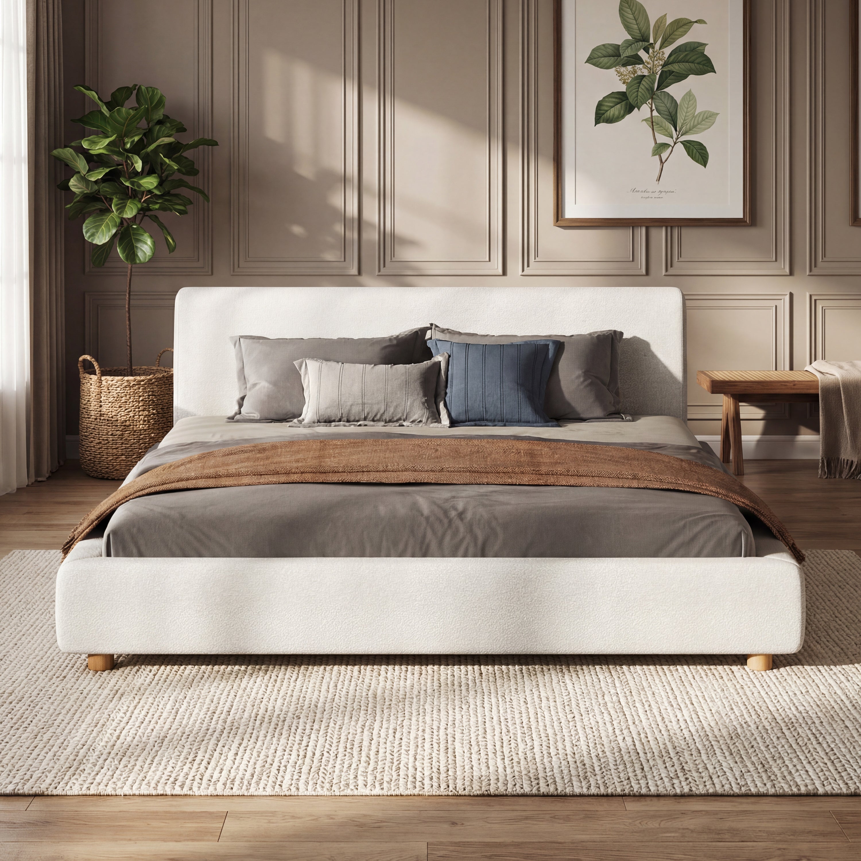 King boucle platform bed in white, angled side view showing frame profile