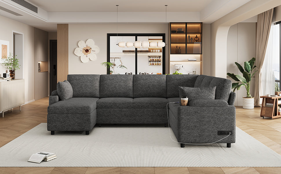 Beige and grey U-shaped sectional sofa bed side profile view