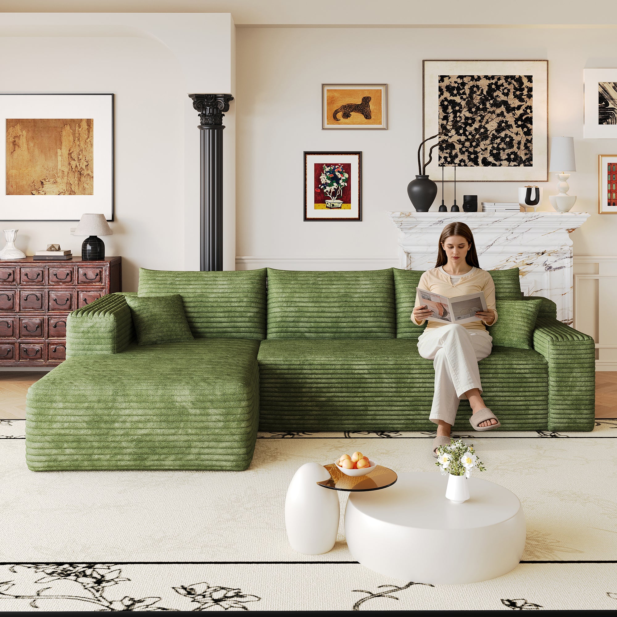 Green corduroy L-shaped cloud sectional sofa, 103 inch, front view