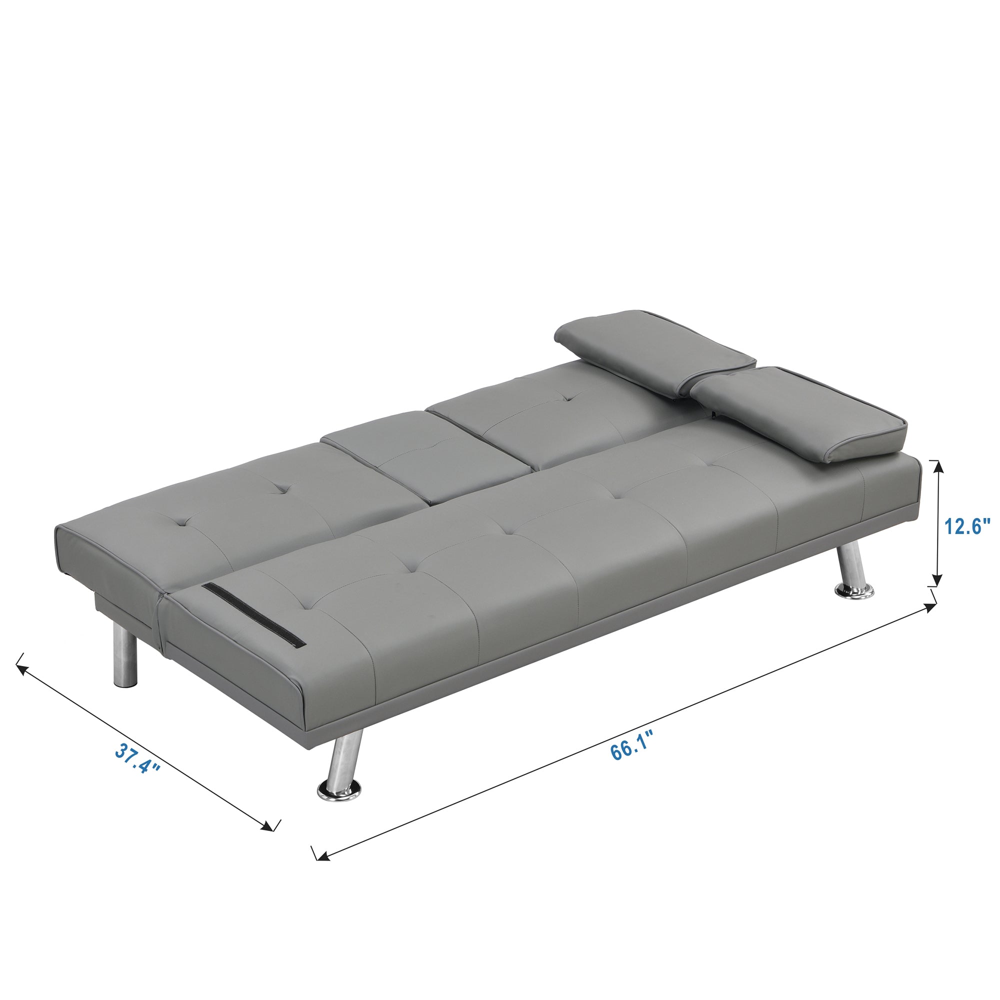 Sofa Bed with Armrest two holders WOOD FRAME, STAINLESS LEG, FUTON GREY PVC