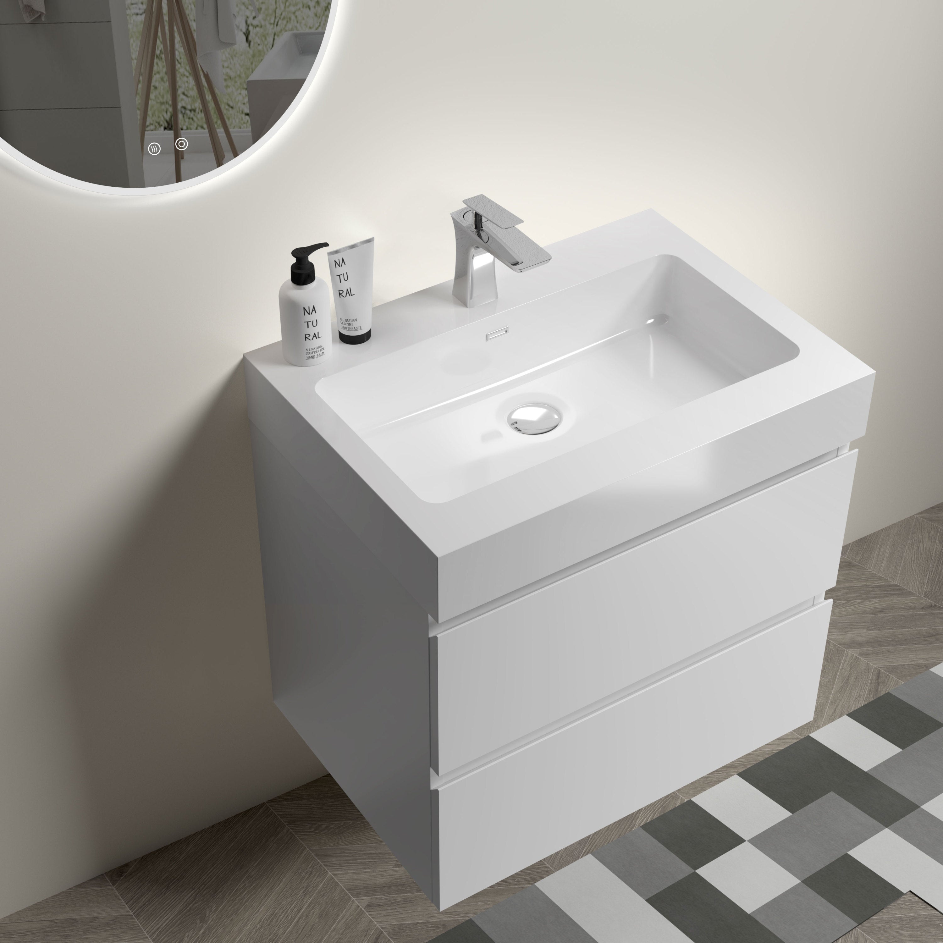 BB02-24-101, Integrated solid surface basin WITHOUT drain & faucet, glossy white color