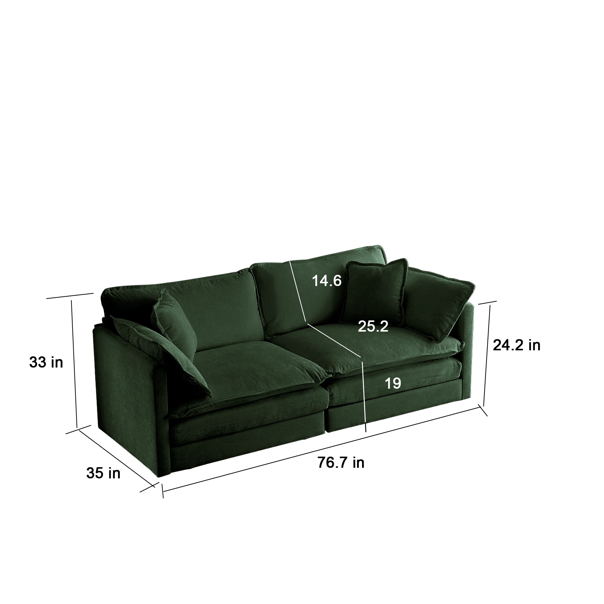 4 - Piece Upholstered Sectional Sofa, 1 - Piece of 2 Seater Sofa and 2- Piece of Ottomans , 2 Seater Loveseat Lounge with Ottomans , Green Chenille