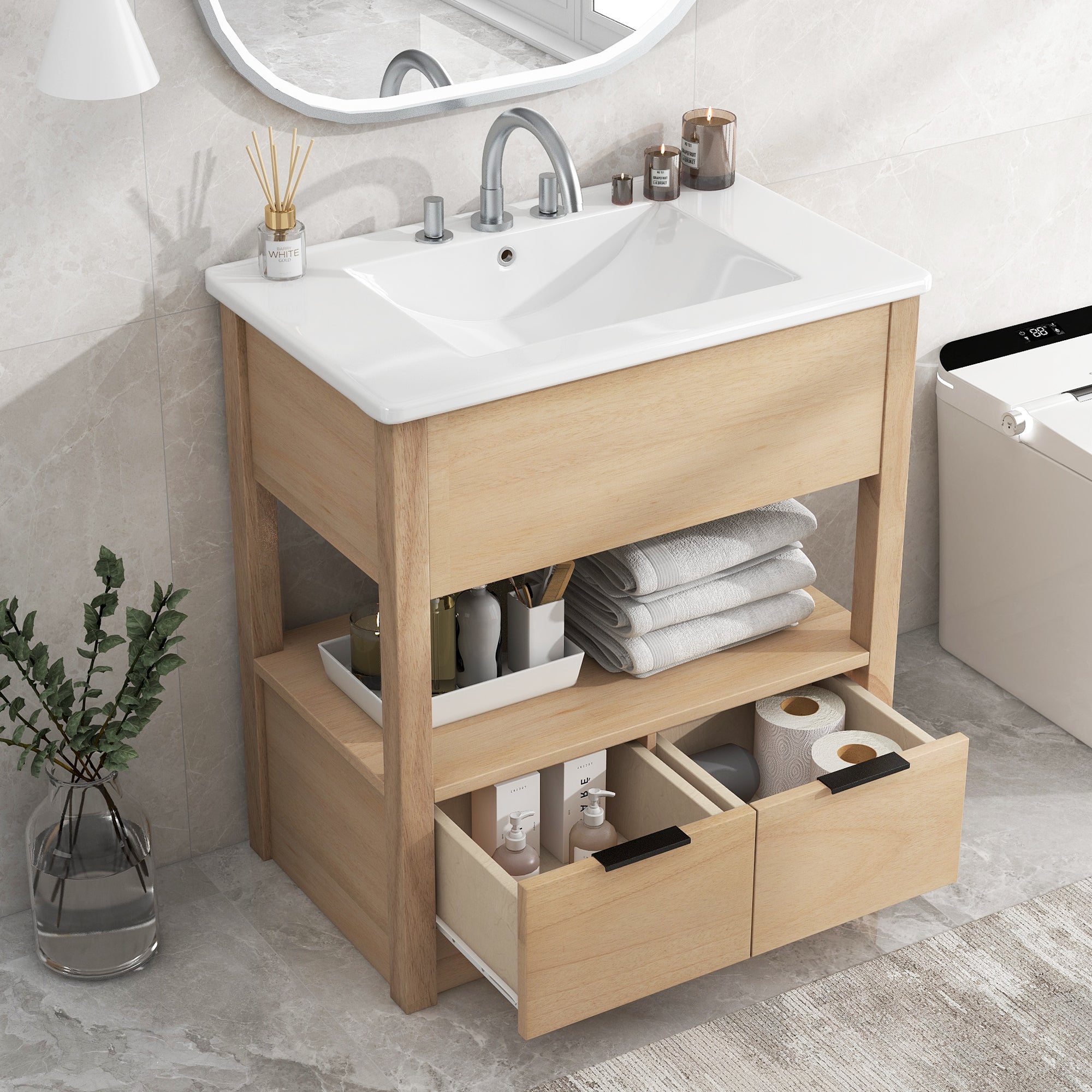 30" Bathroom Vanity with Sink Top, Bathroom Cabinet with Open Storage Shelf and Two Drawers, One Package, Natural (Old Sku:WF311619AAD)