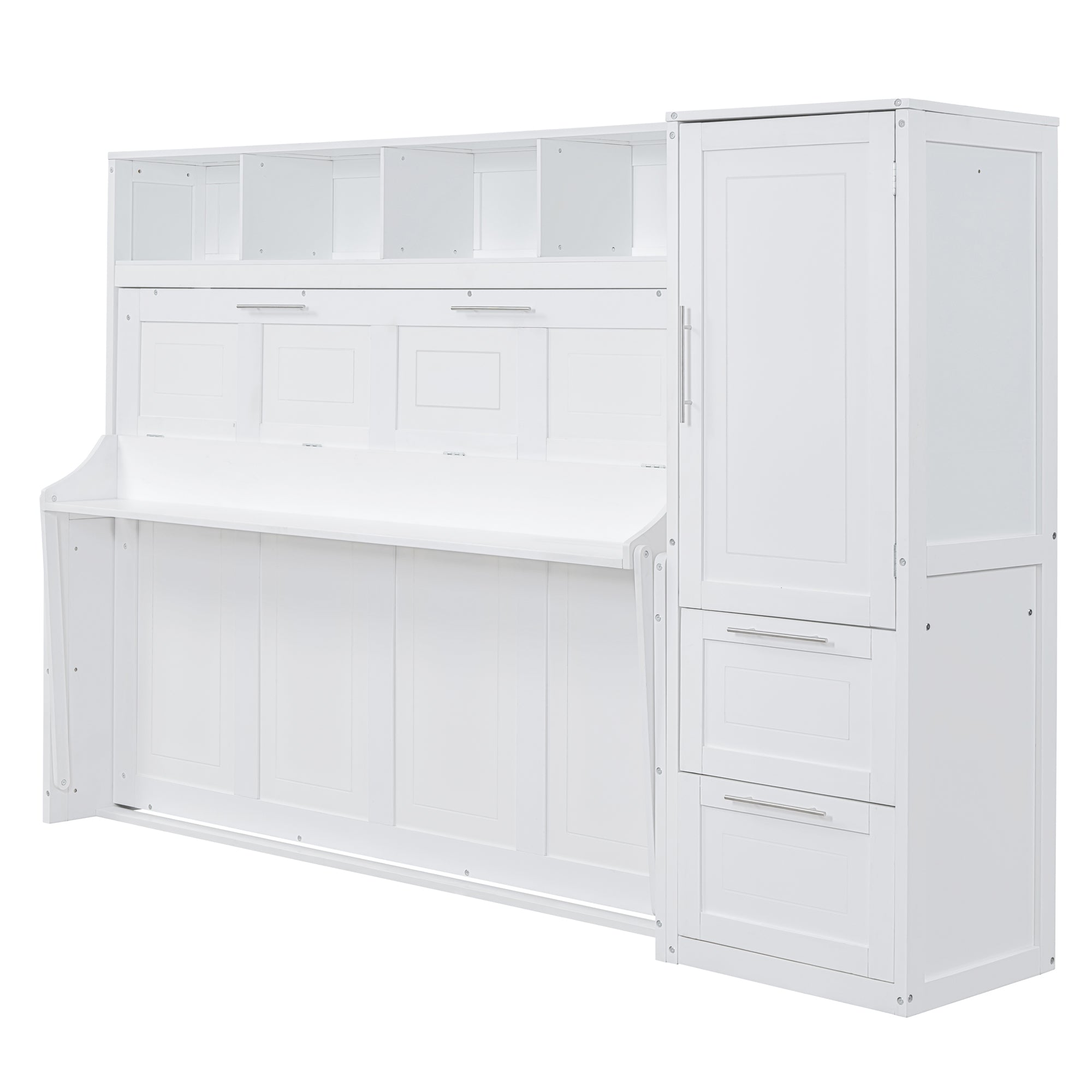 Queen Size Murphy Bed Wall Bed with Closet and Drawers,White