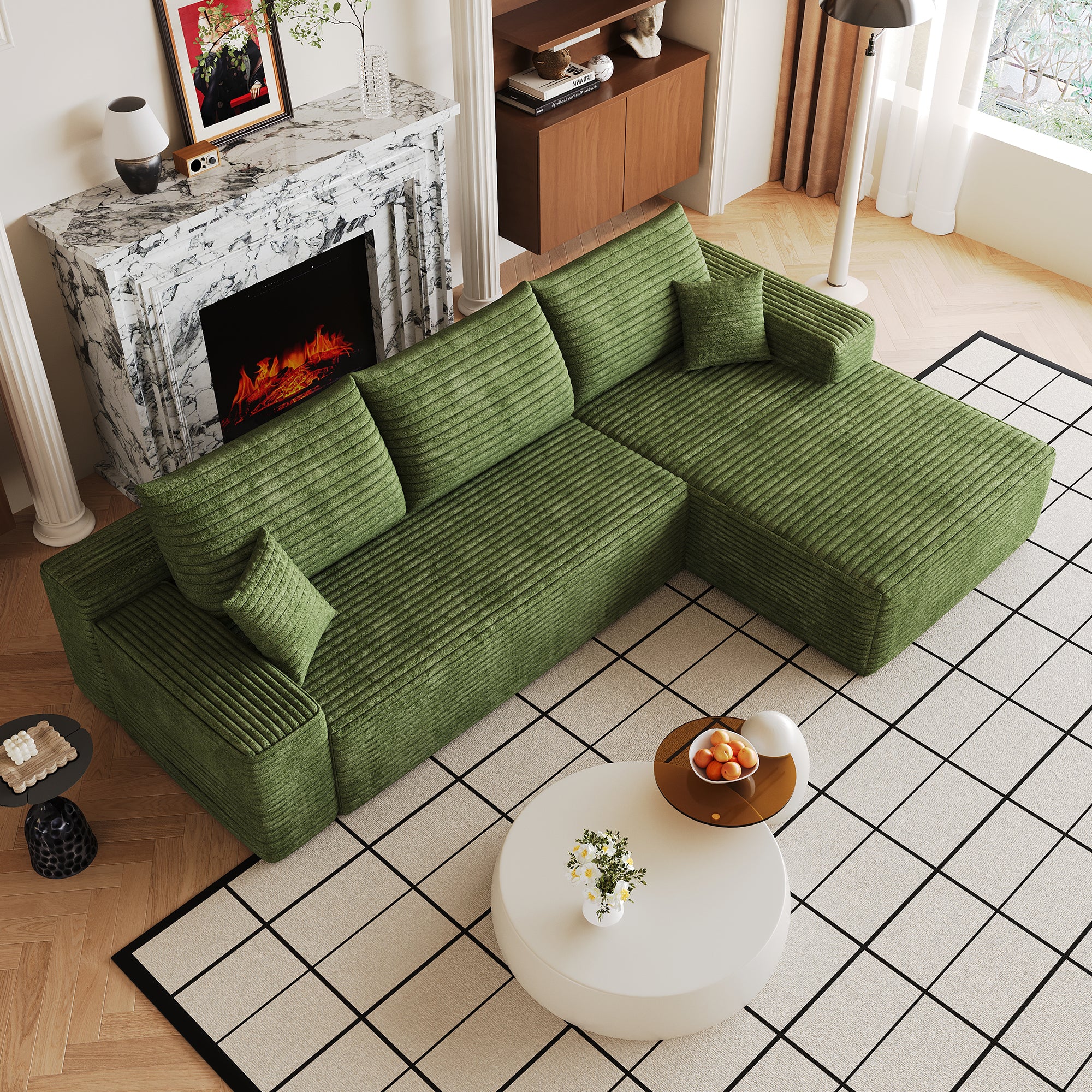 Green plush corduroy modular sofa L-shape chaise, side view