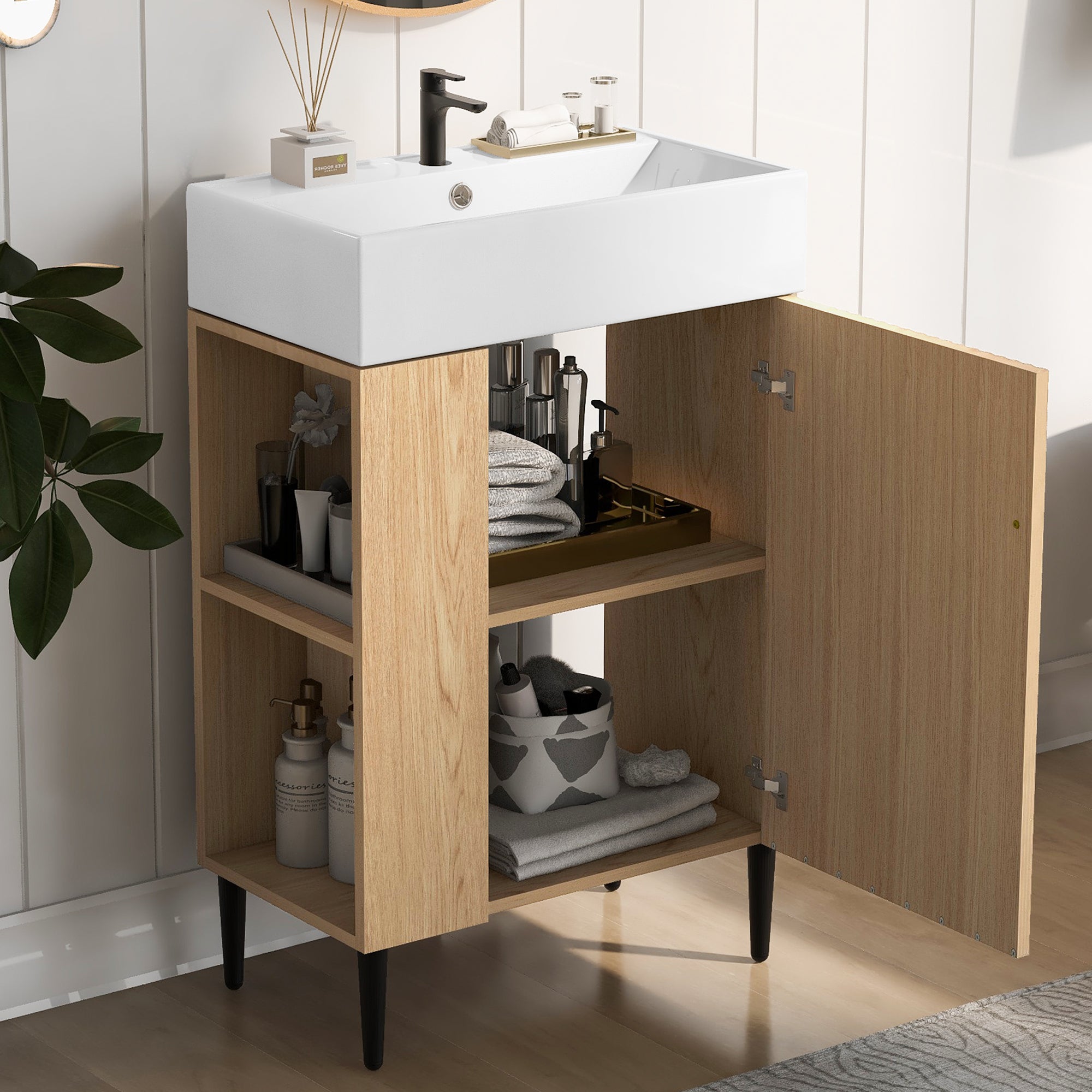 Wood bathroom vanity combo cabinet with ceramic sink, angled view