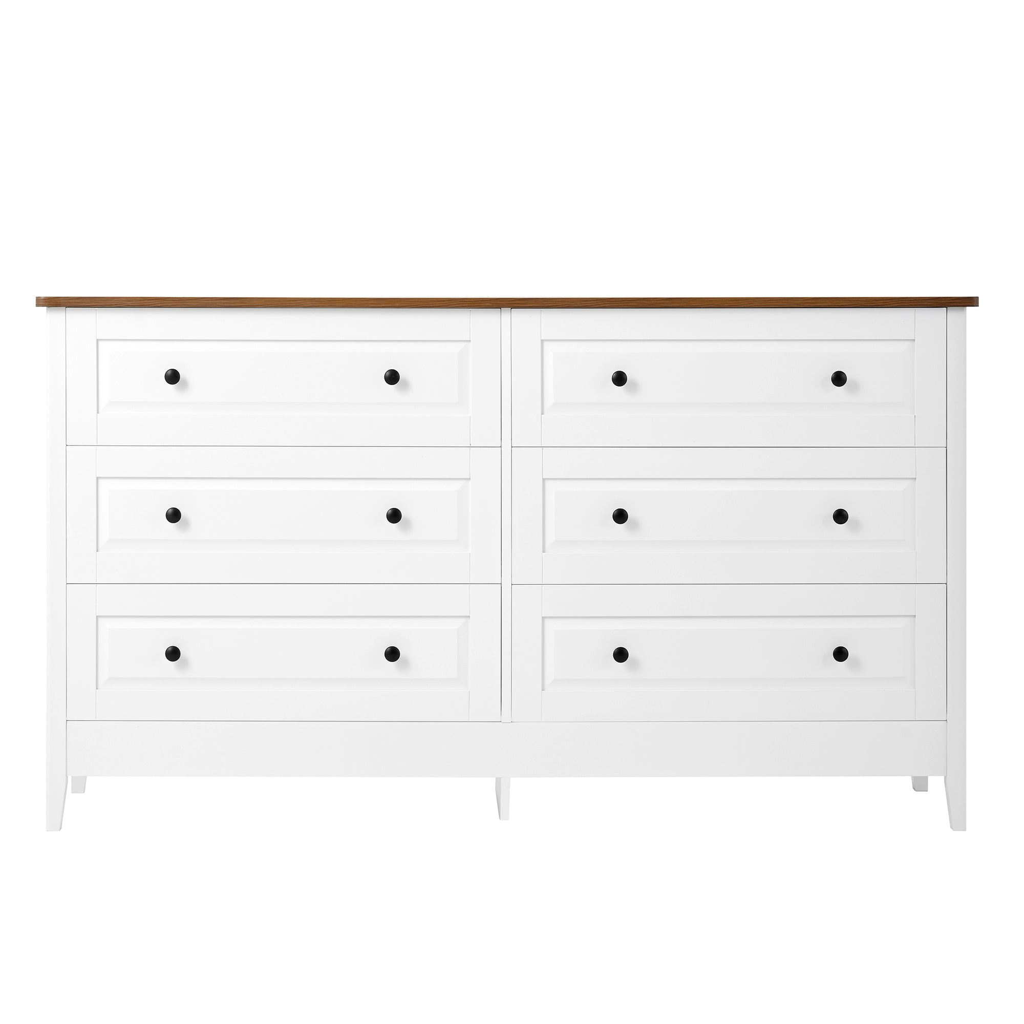 White wood dresser with metal handles, close-up view