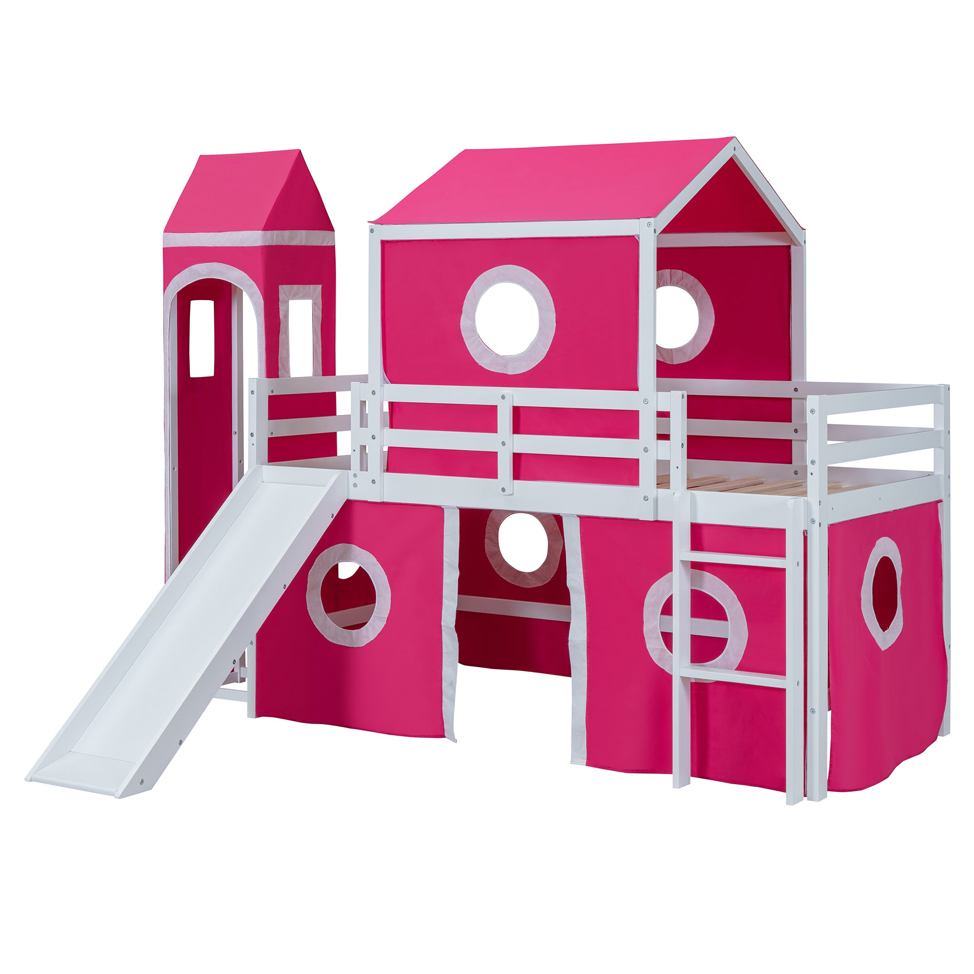 Twin Size Loft  Bed with Slide Pink Tent and Tower - Pink (OLD SKU:WF298769AAH)