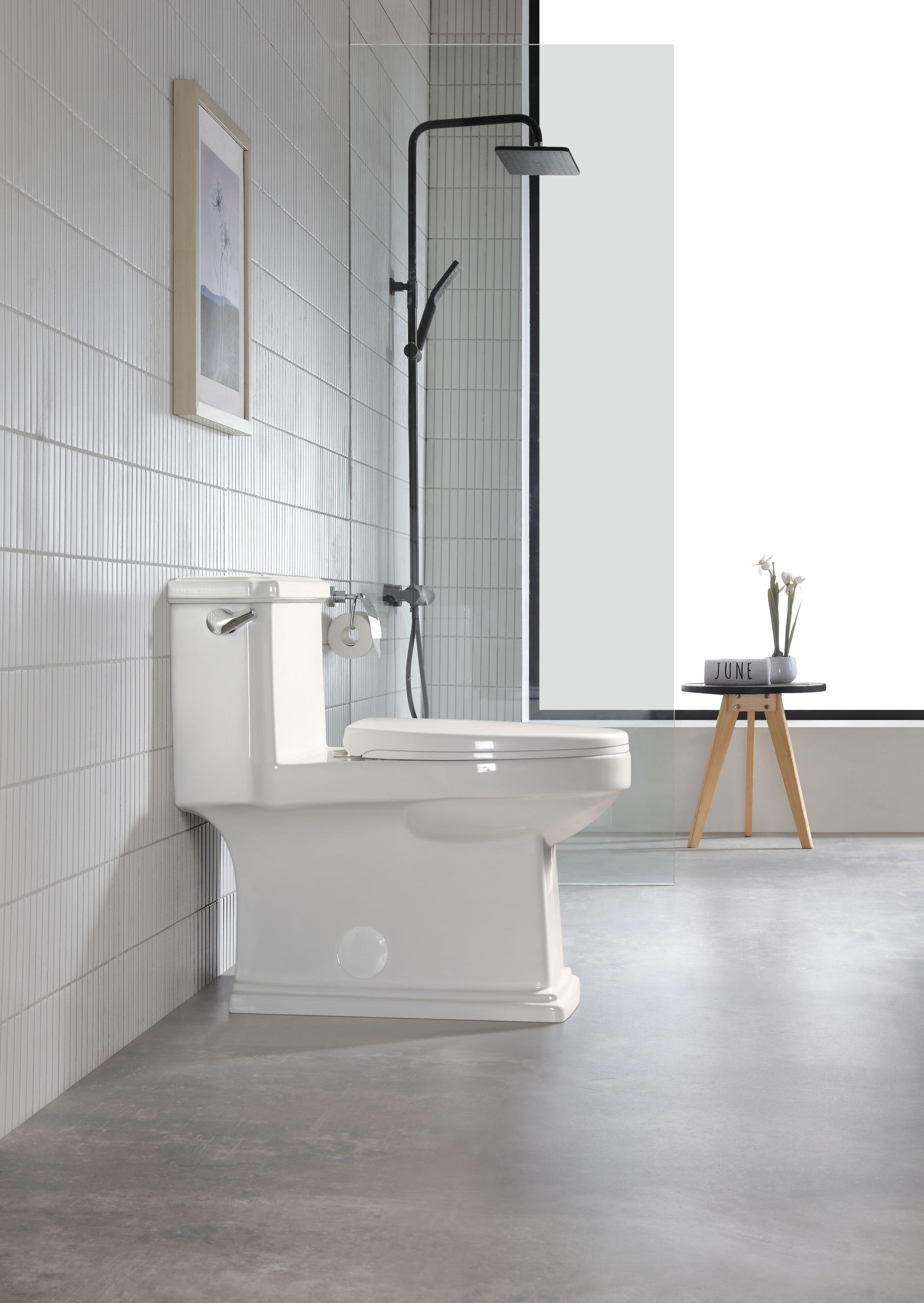 12 in. Rough In 1-Piece 1.28 GPF Single Flush Elongated Chair Toilet in Glossy White with Soft Close Seat