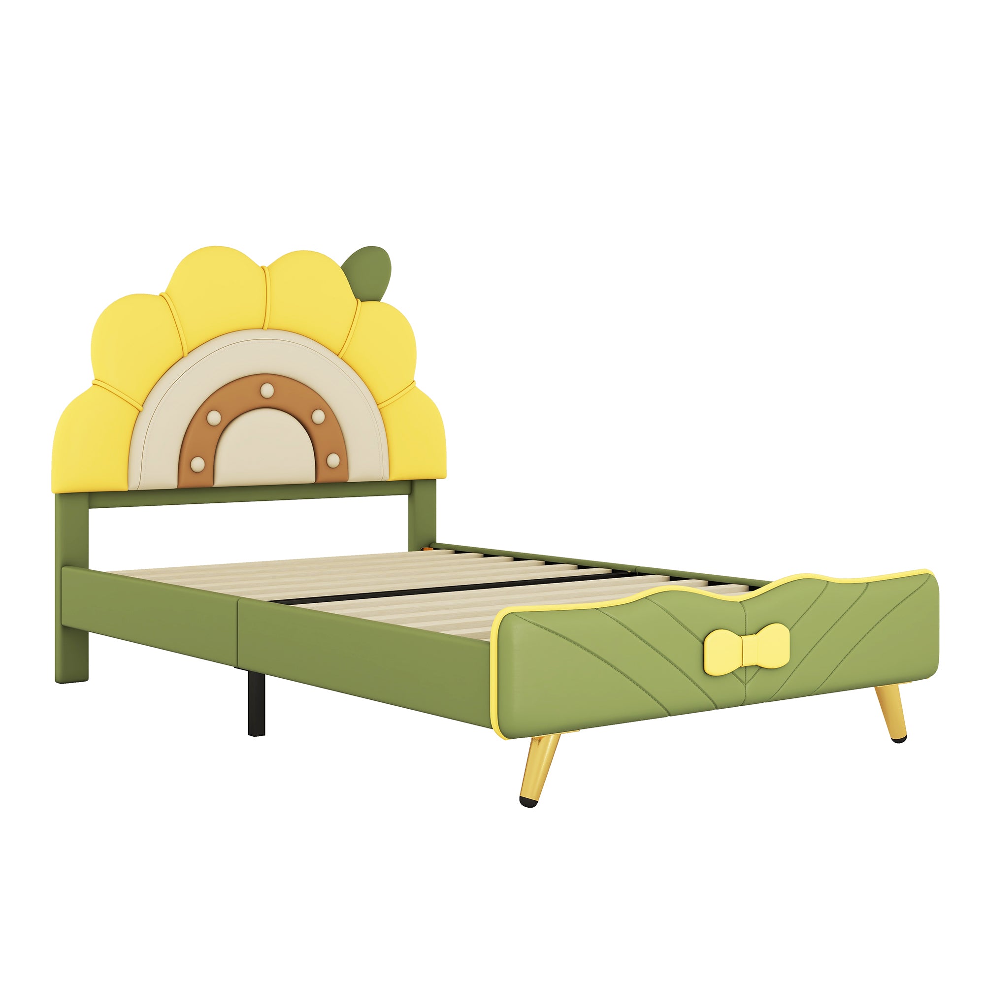 Twin Size Upholstered Platform Bed with Sunflower Shaped Headboard, Green