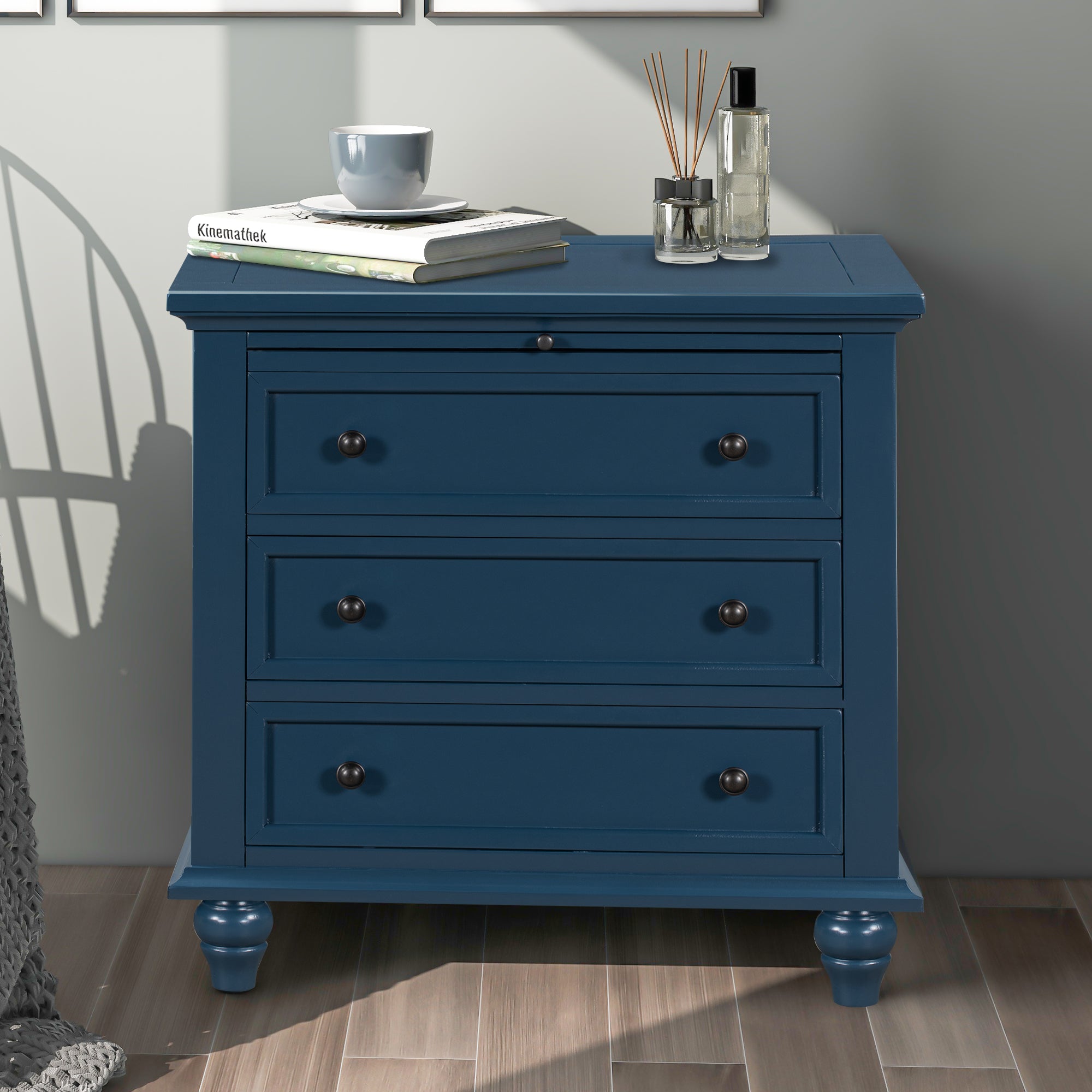 Minimalist pine veneer nightstand, 27.6 in, 3 drawers, front view