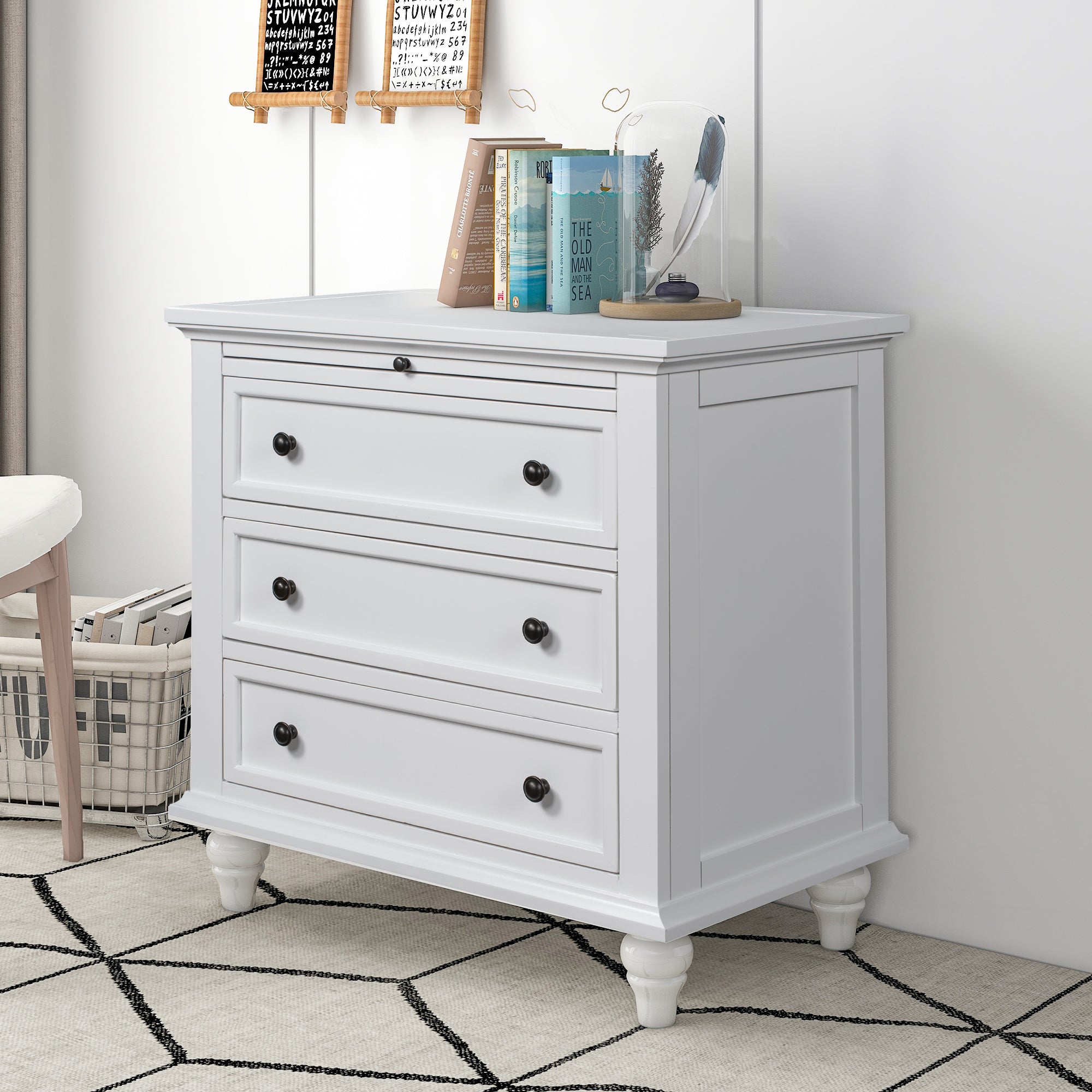 Painted bedside cabinet with pull-out tray extended, angled view