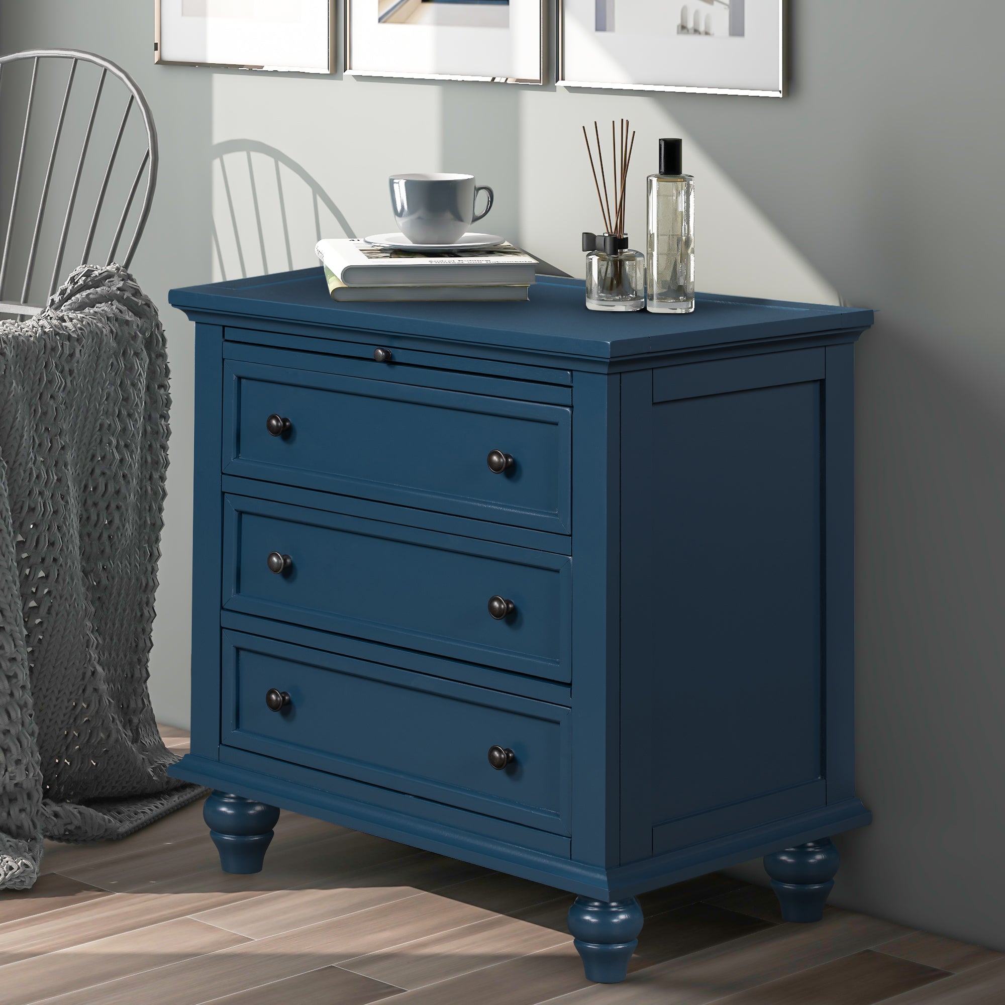 Pine veneer nightstand with metal handles, angled view