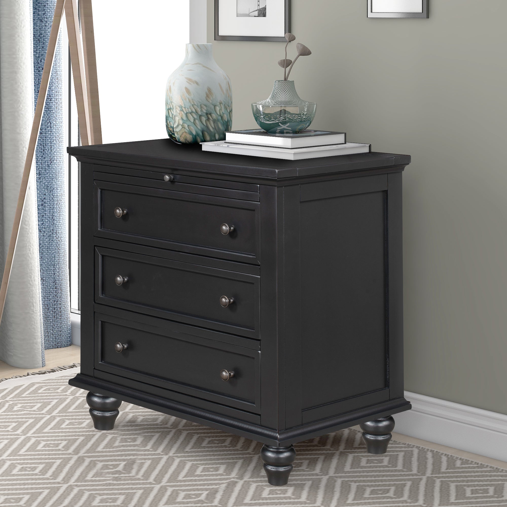 Painted 3-drawer bedside cabinet with metal handles, angled view