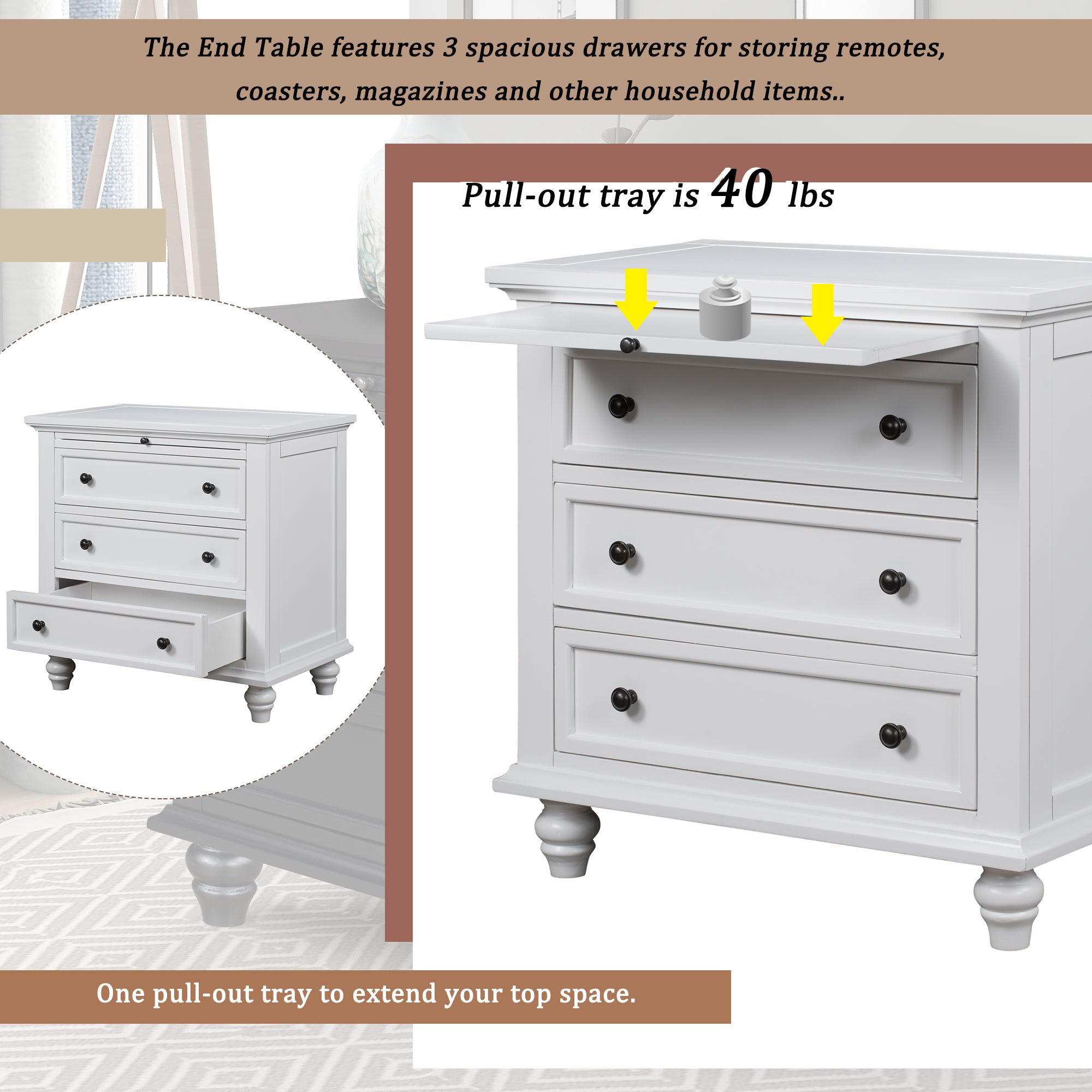 Painted nightstand with 3 drawers open showing storage, detail view