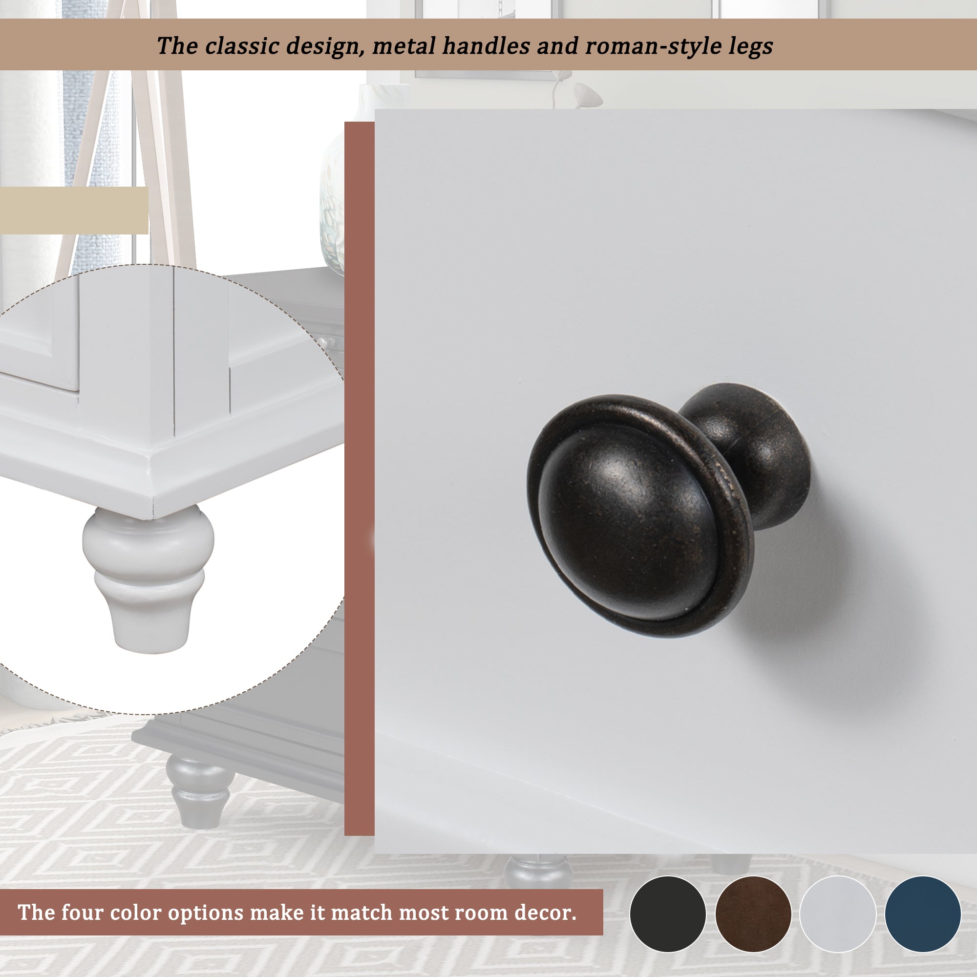 Painted nightstand with rubber legs, side profile view