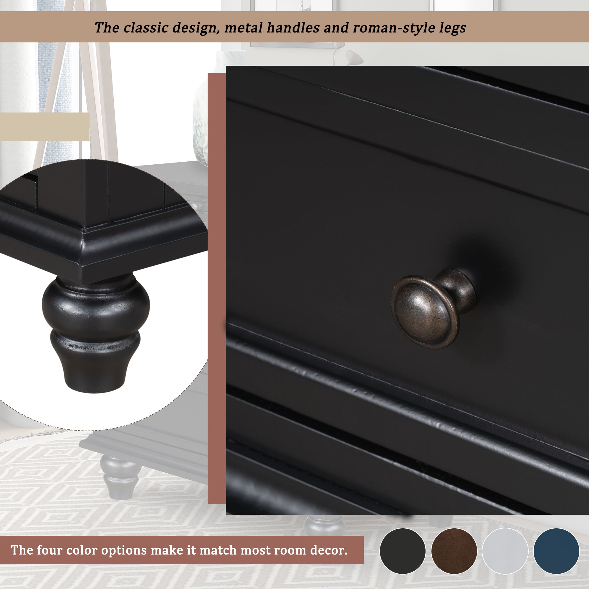 Painted bedside cabinet with rubber legs, side view