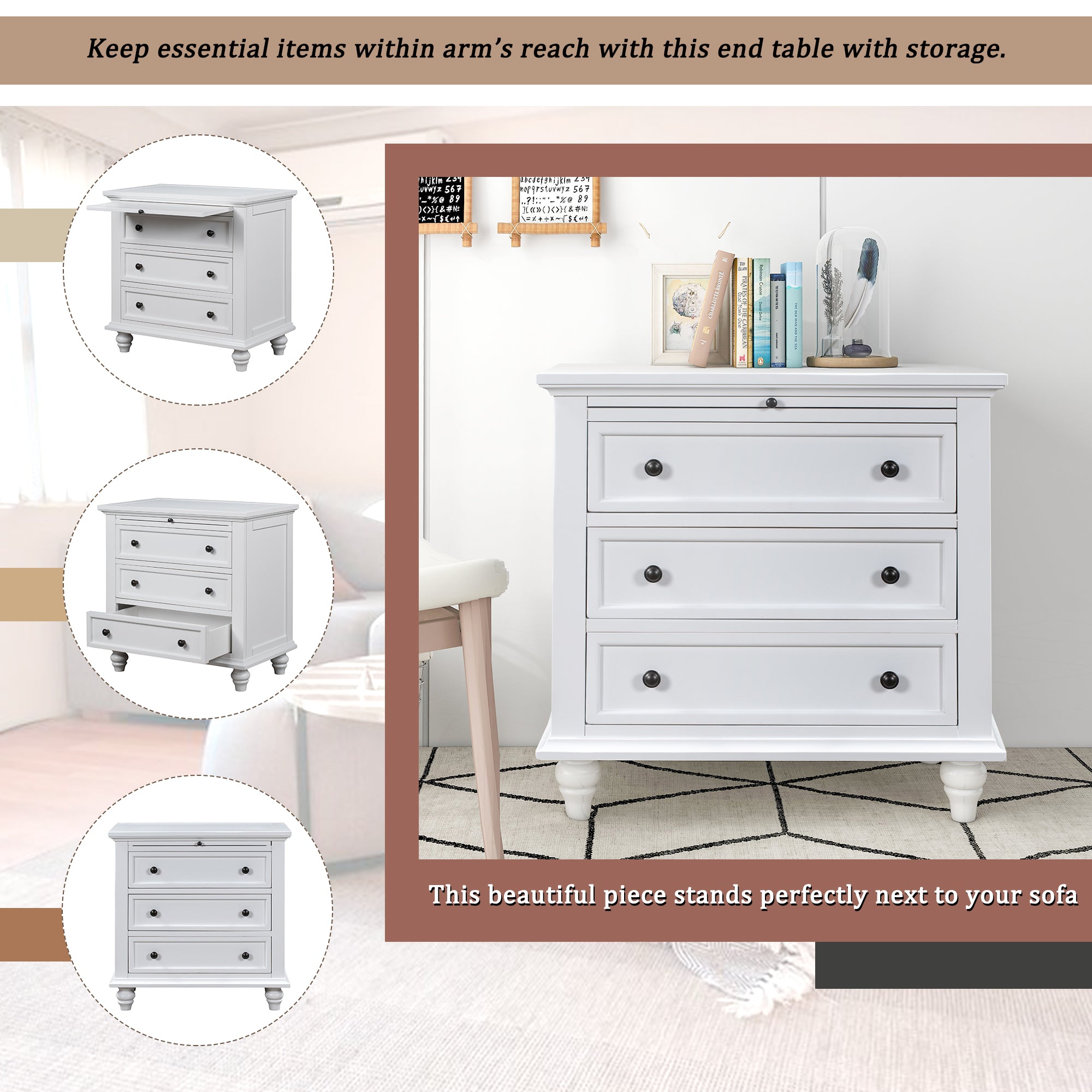 Minimalist painted bedside cabinet with metal handle close-up