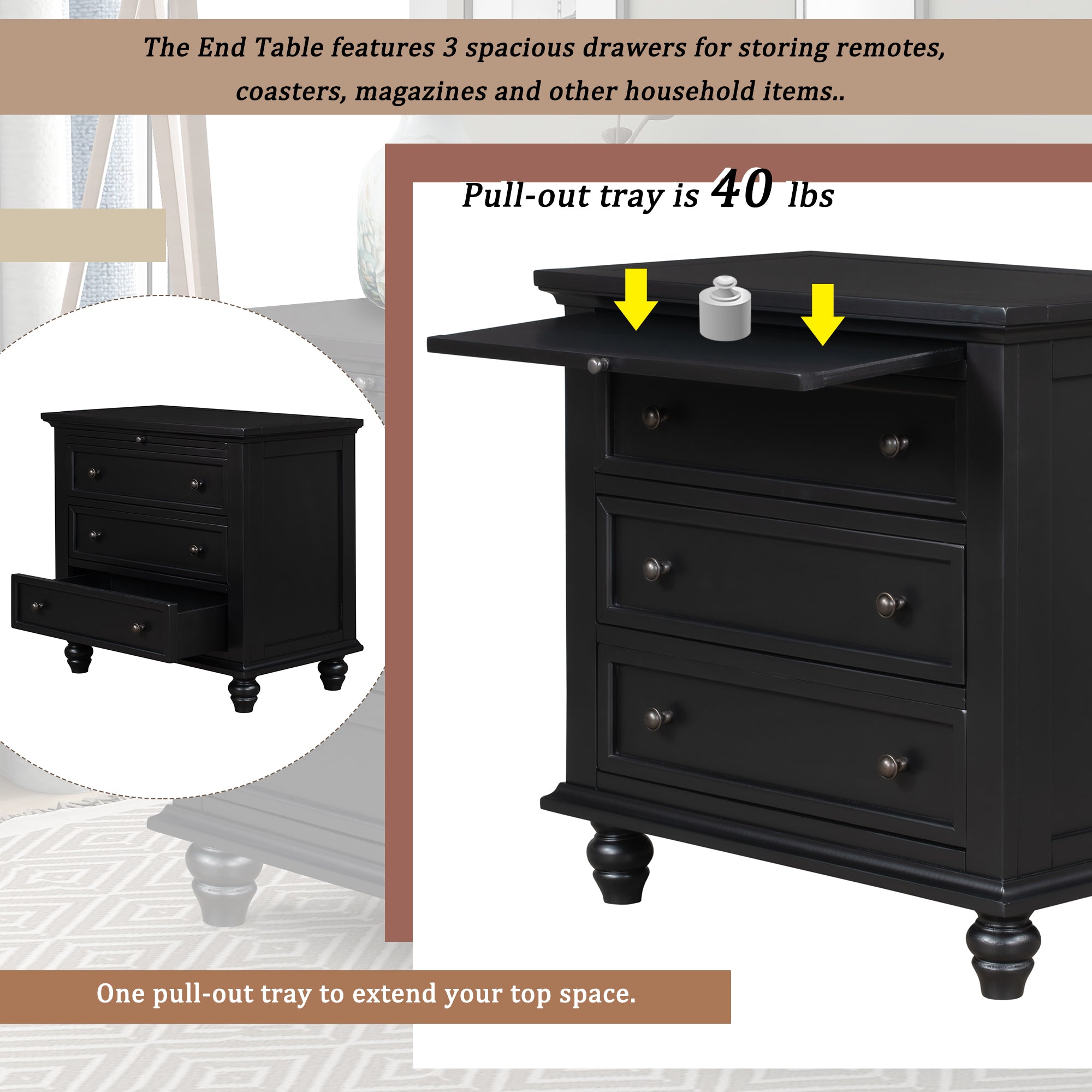 Minimalist 3-drawer nightstand painted finish, drawers open detail