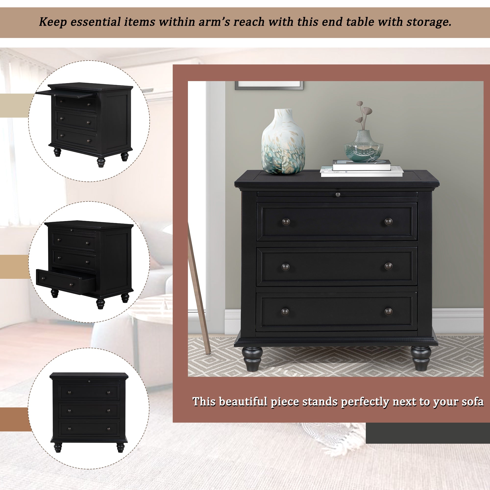 Minimalist painted nightstand with pull-out tray extended, detail view