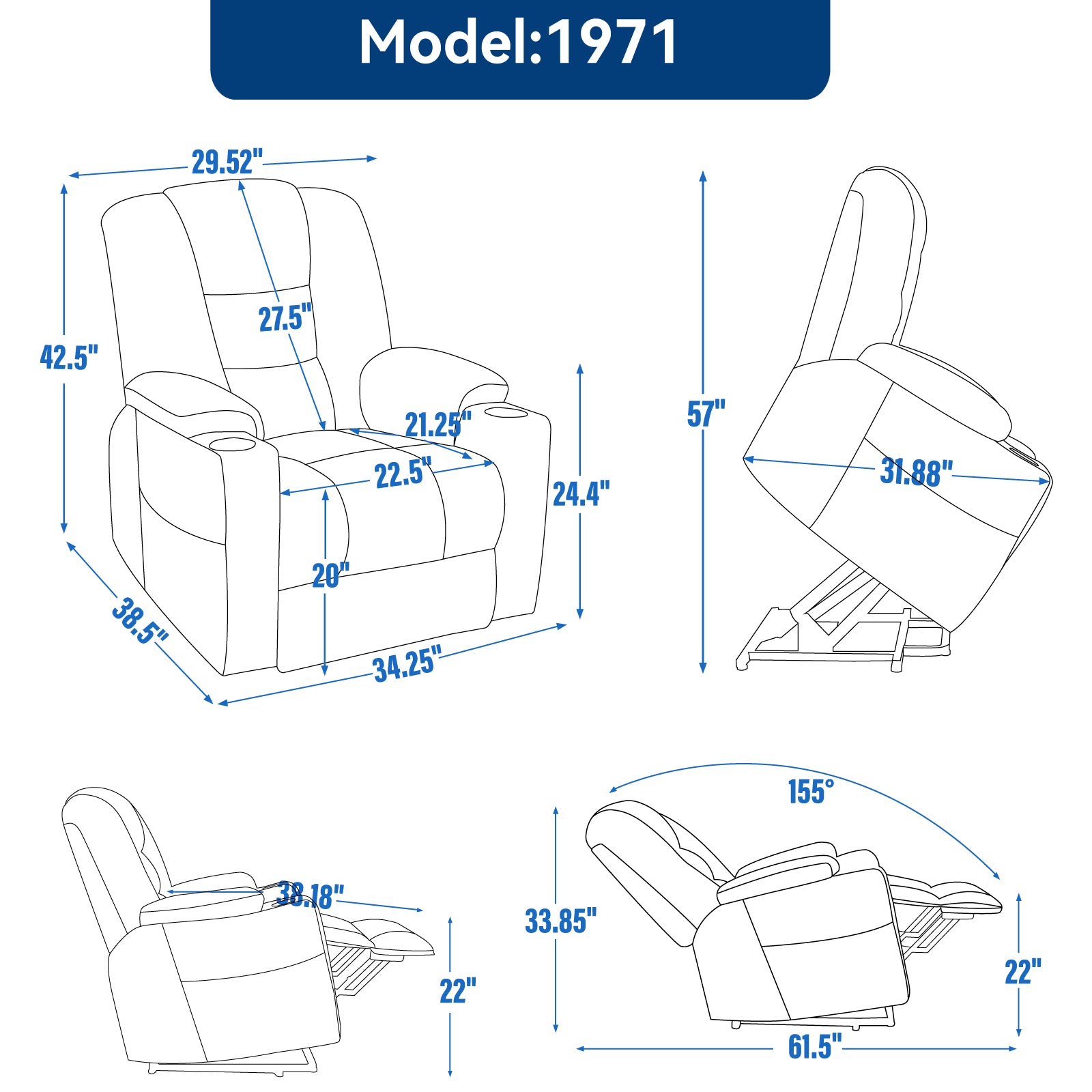 EMON'S Large Power Lift Recliner Chair with Massage and Heat for Elderly, Overstuffed Wide Recliners, Heavy Duty Motion Mechanism with USB and Type C Ports, 2 Steel Cup Holders, Gray