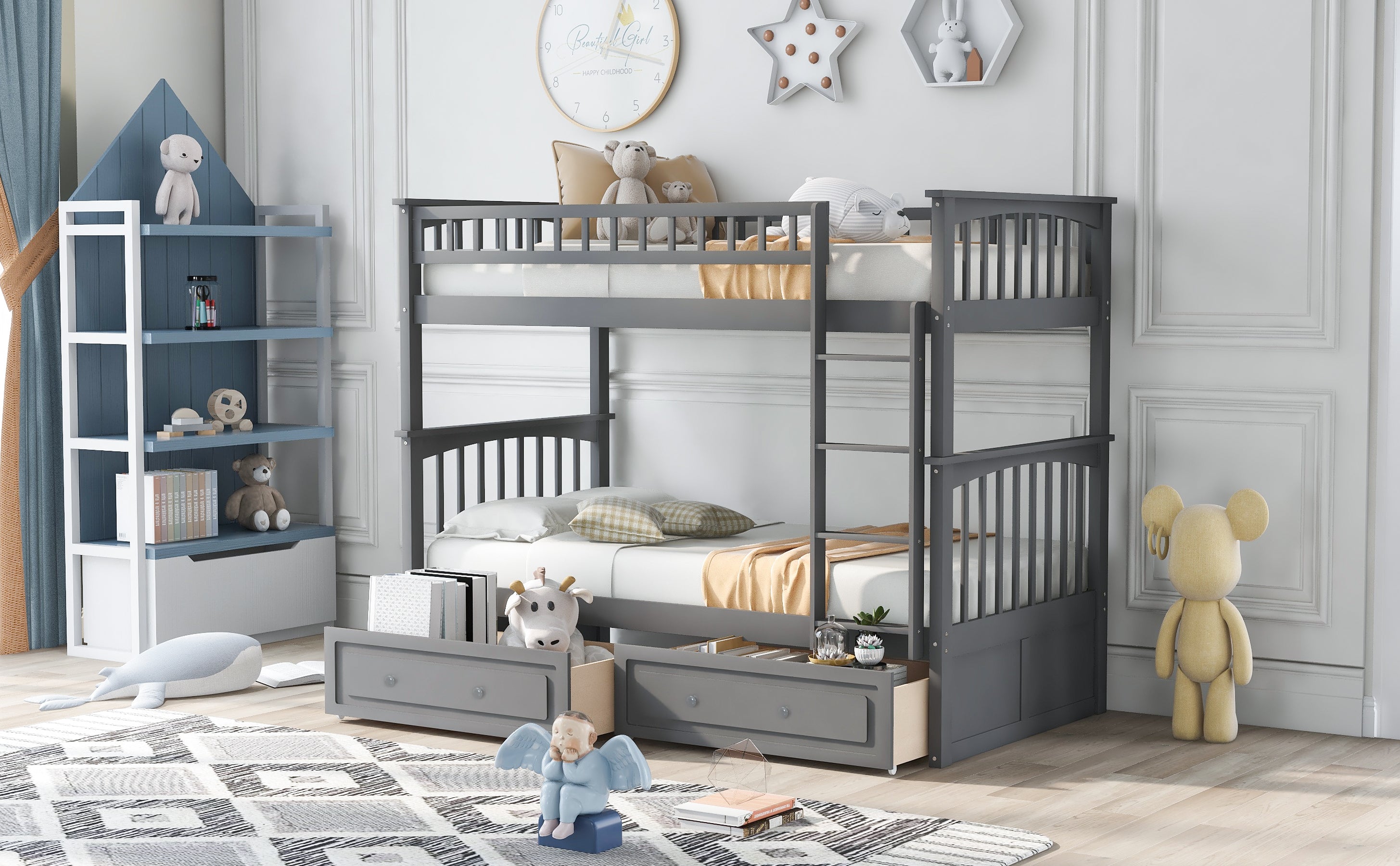 Gray twin bunk bed with drawers, detail of storage drawer