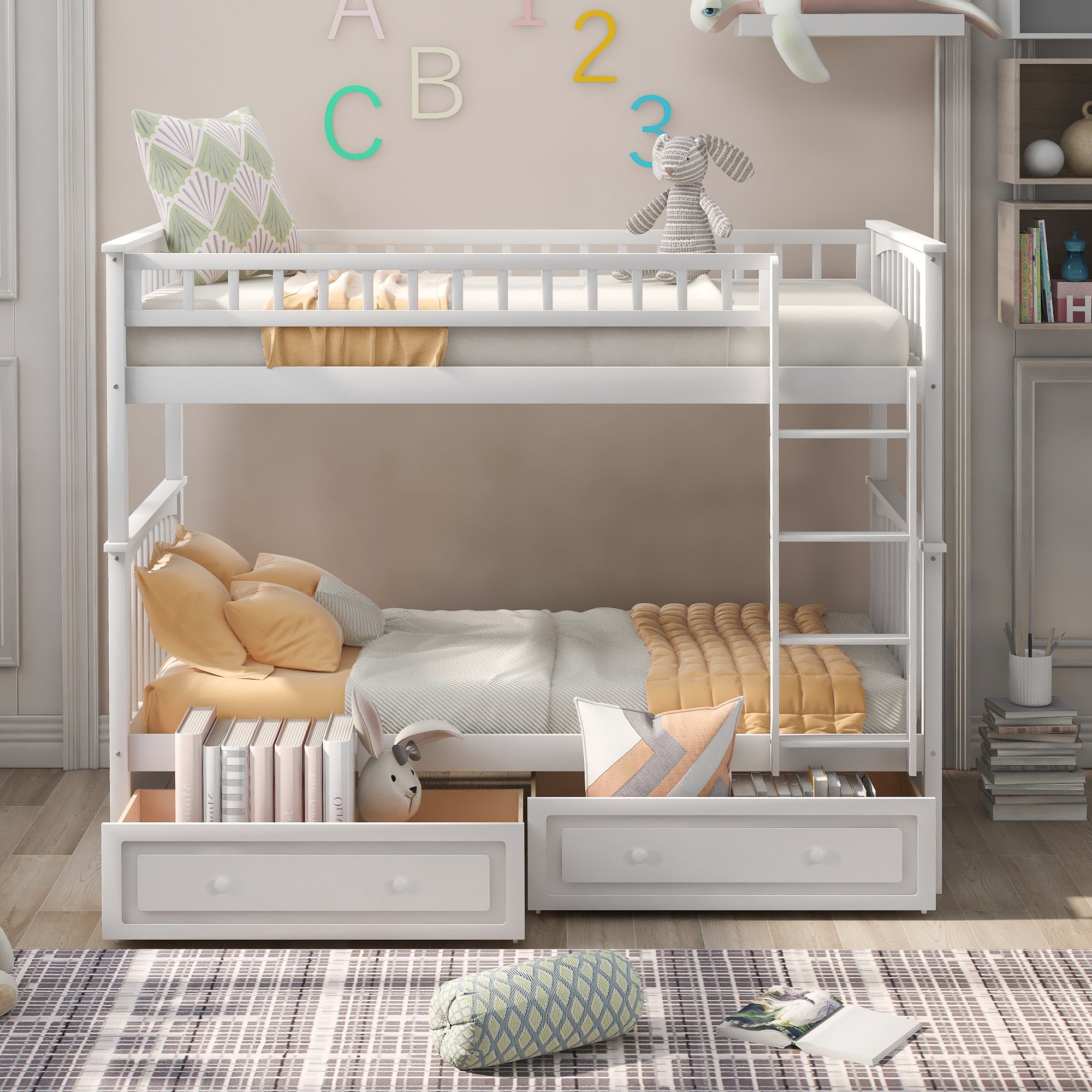 White twin over twin bunk bed with storage drawers, angled view