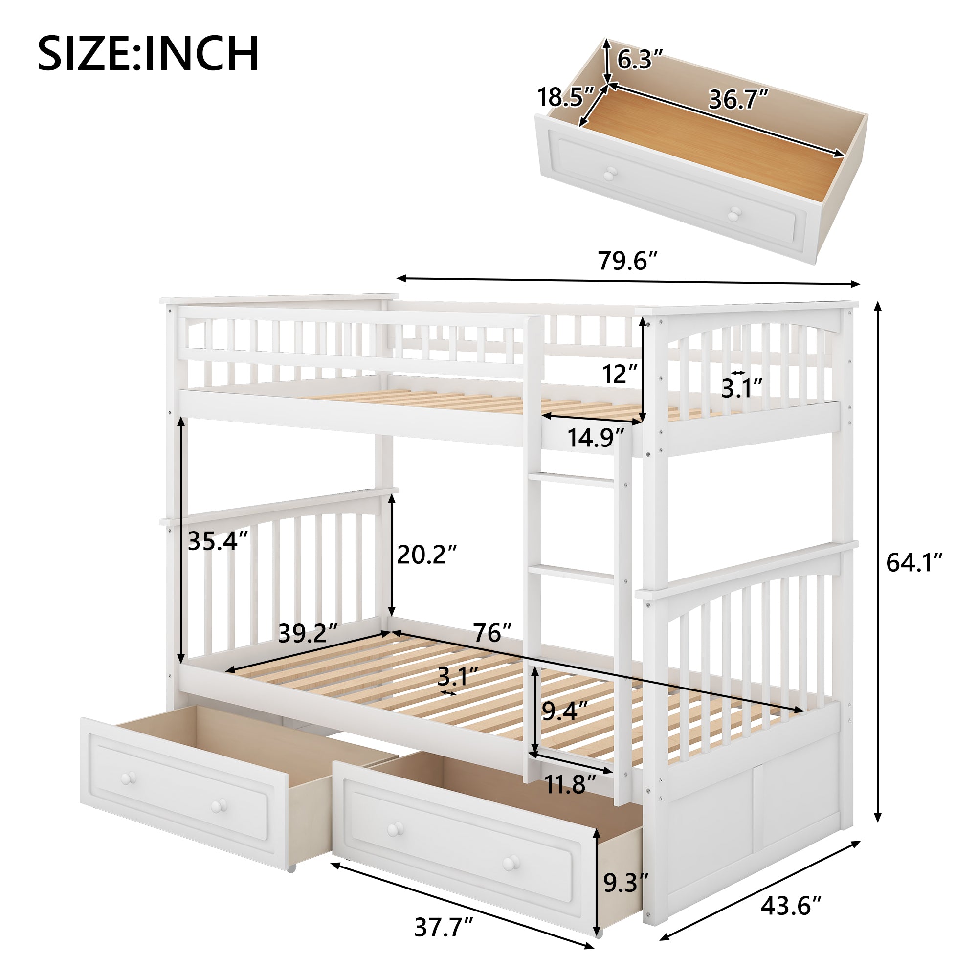 White twin bunk bed separated into two standalone twin beds