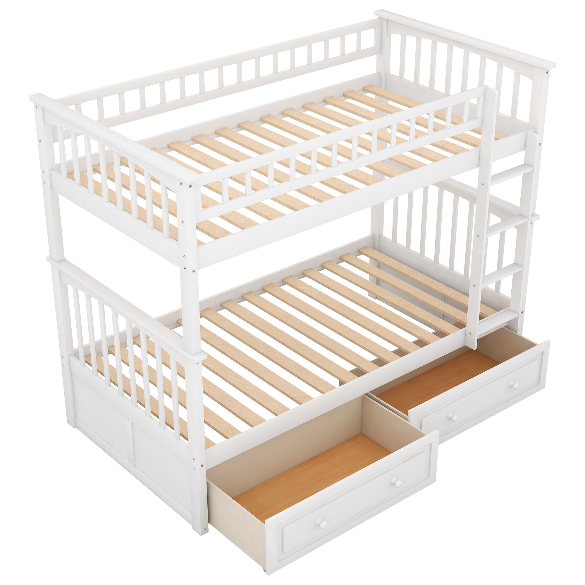 White twin over twin bunk bed with drawers, ladder detail
