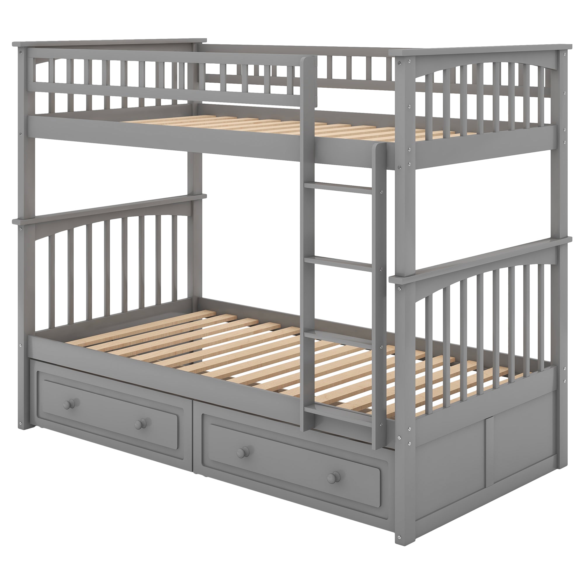 Gray twin convertible bunk bed, ladder and rail detail