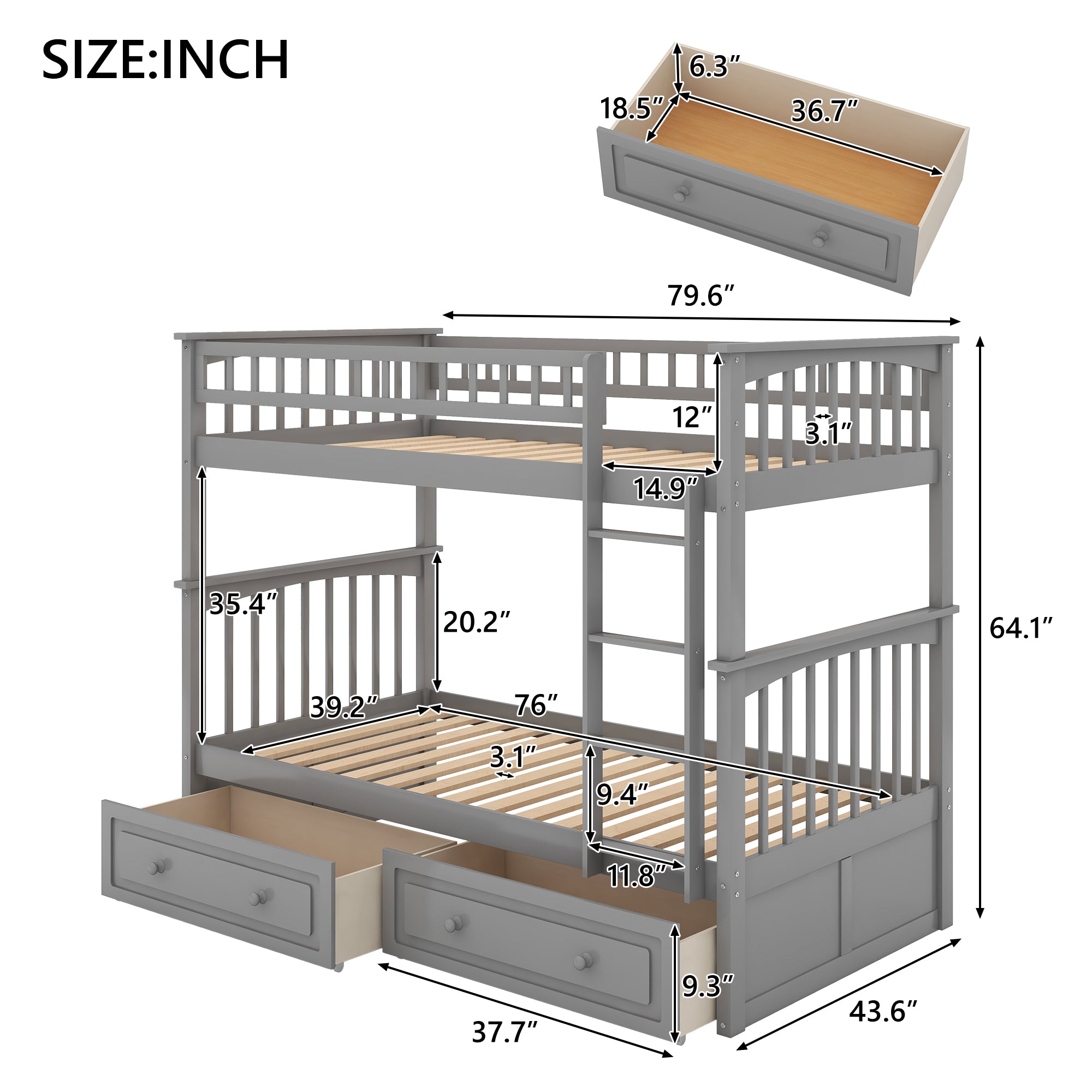 Gray twin over twin bunk bed separated into two standalone beds