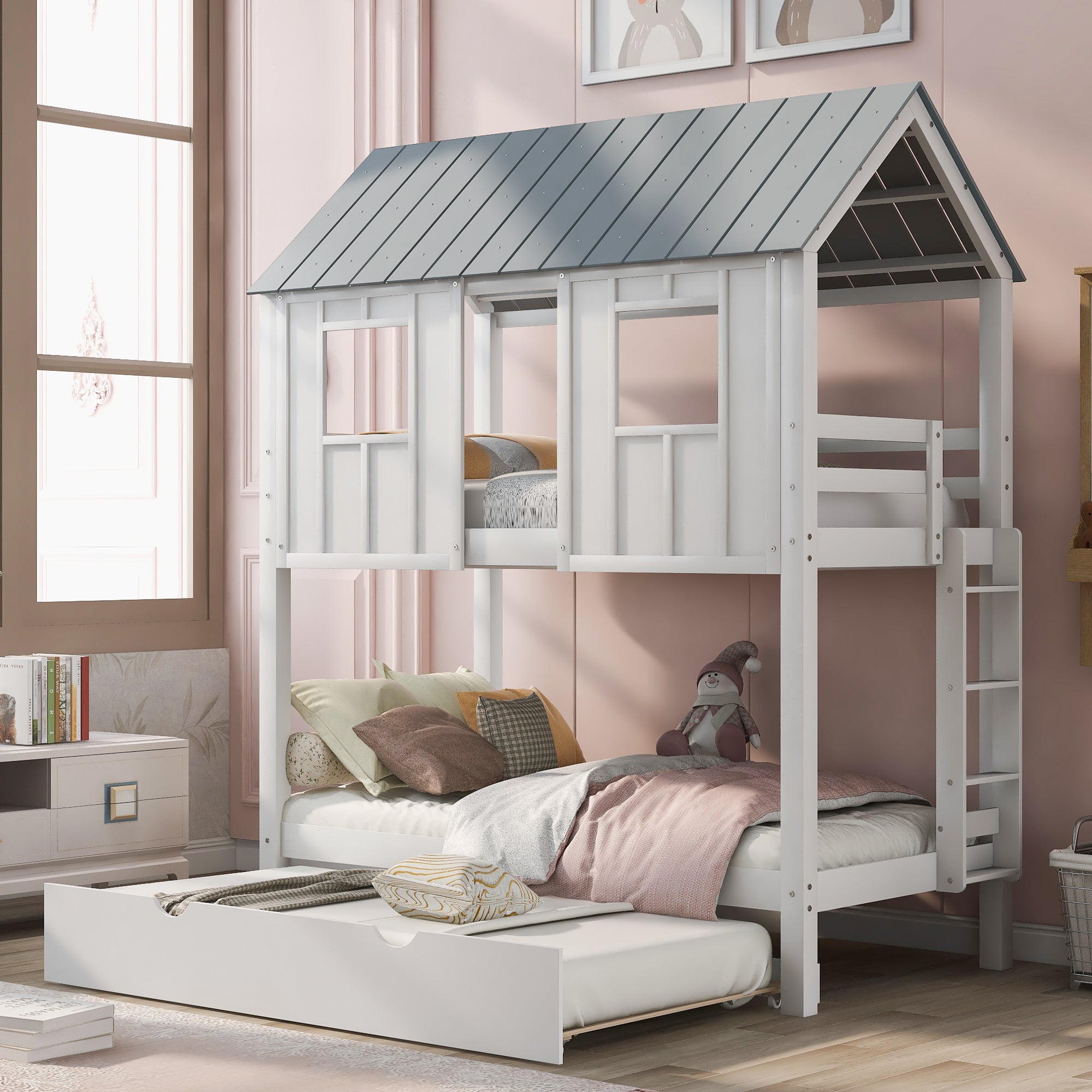 White and grey twin house bunk bed with roof and windows, angled view