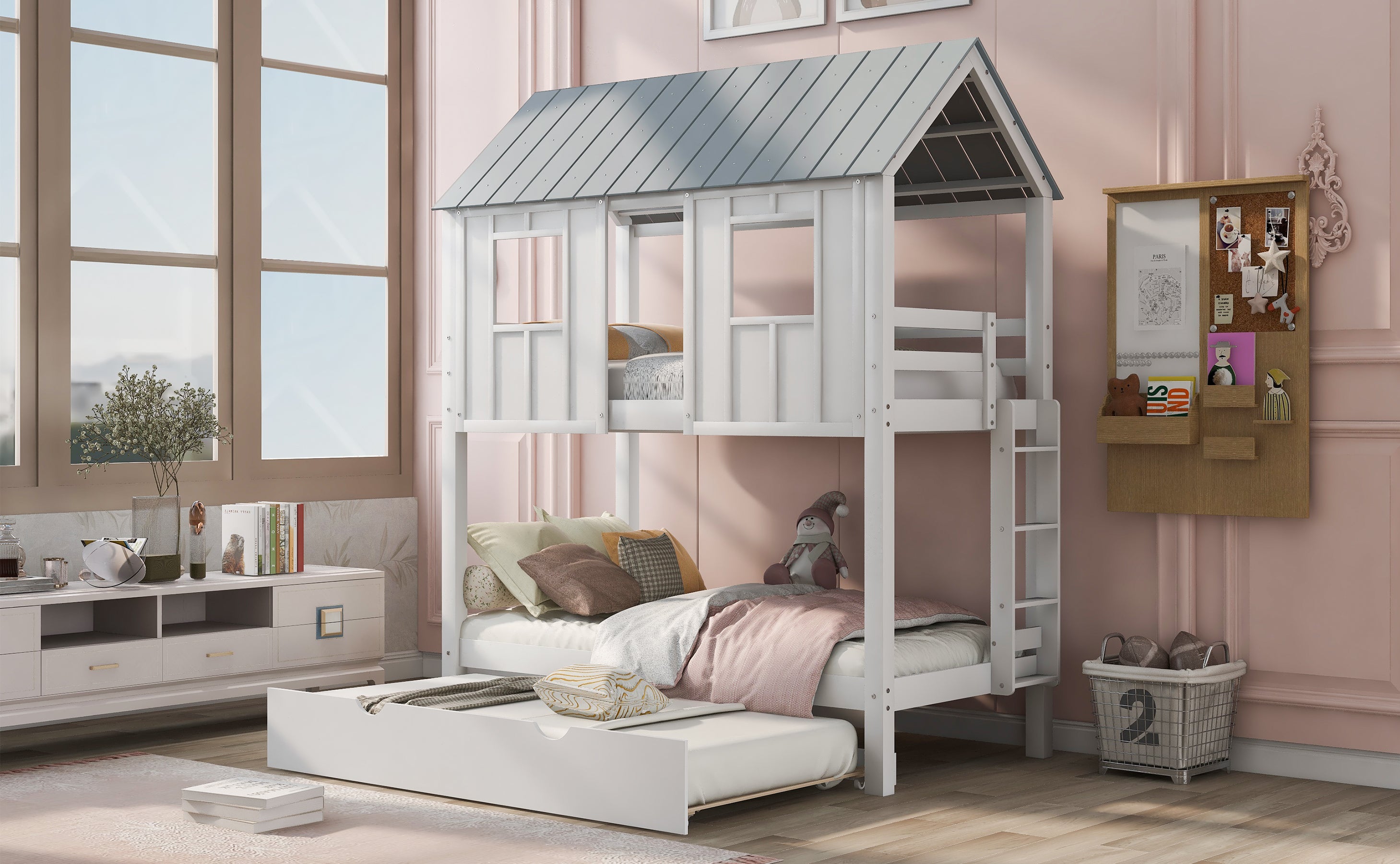 House-frame twin bunk bed roof detail in white and grey