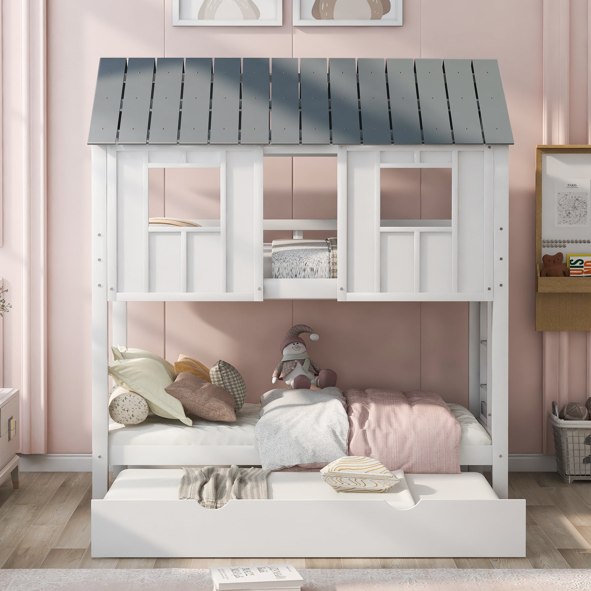 Twin house bunk bed with pull-out trundle extended, white and grey, side view