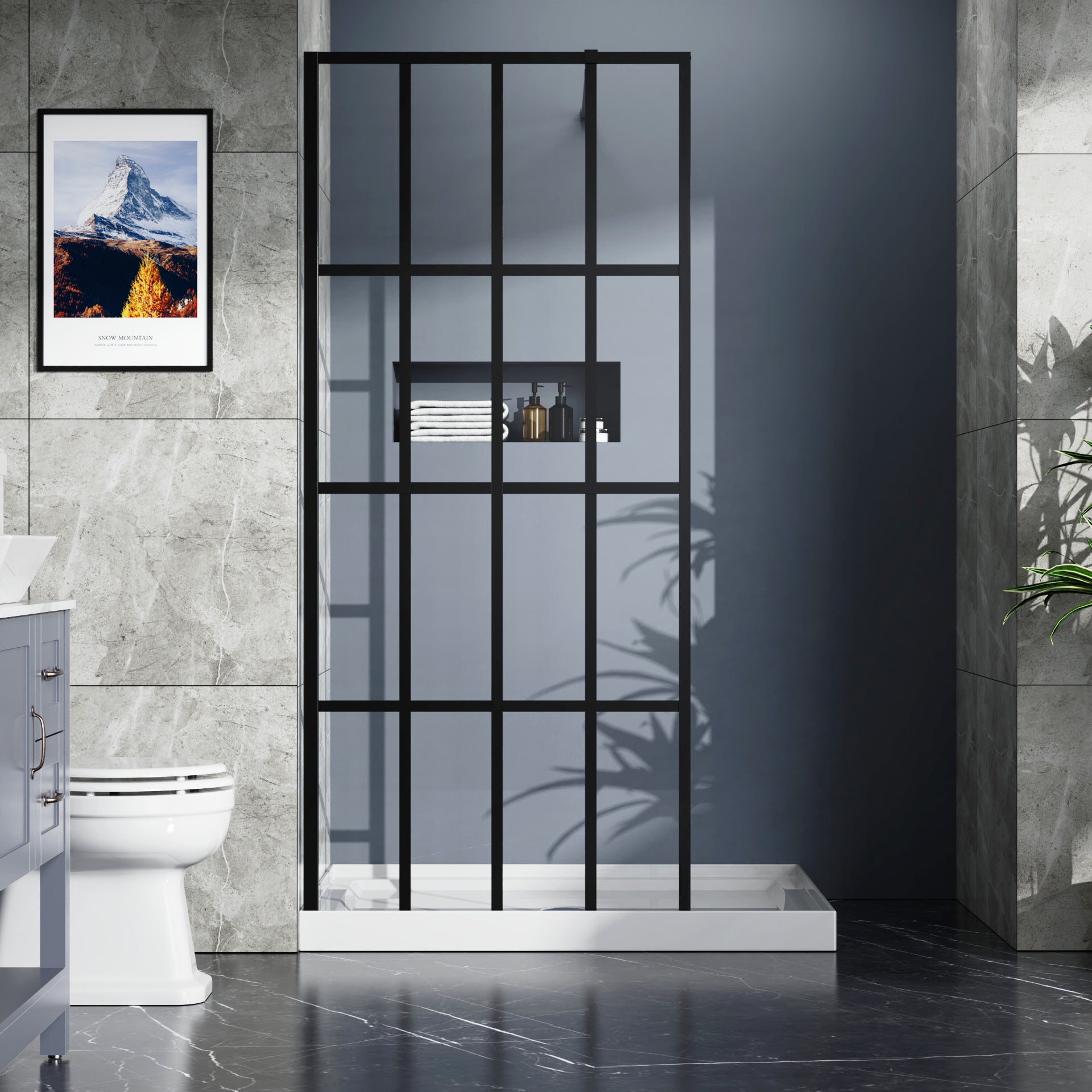Clear 4-panel walk-in shower screen open-entry bathroom view