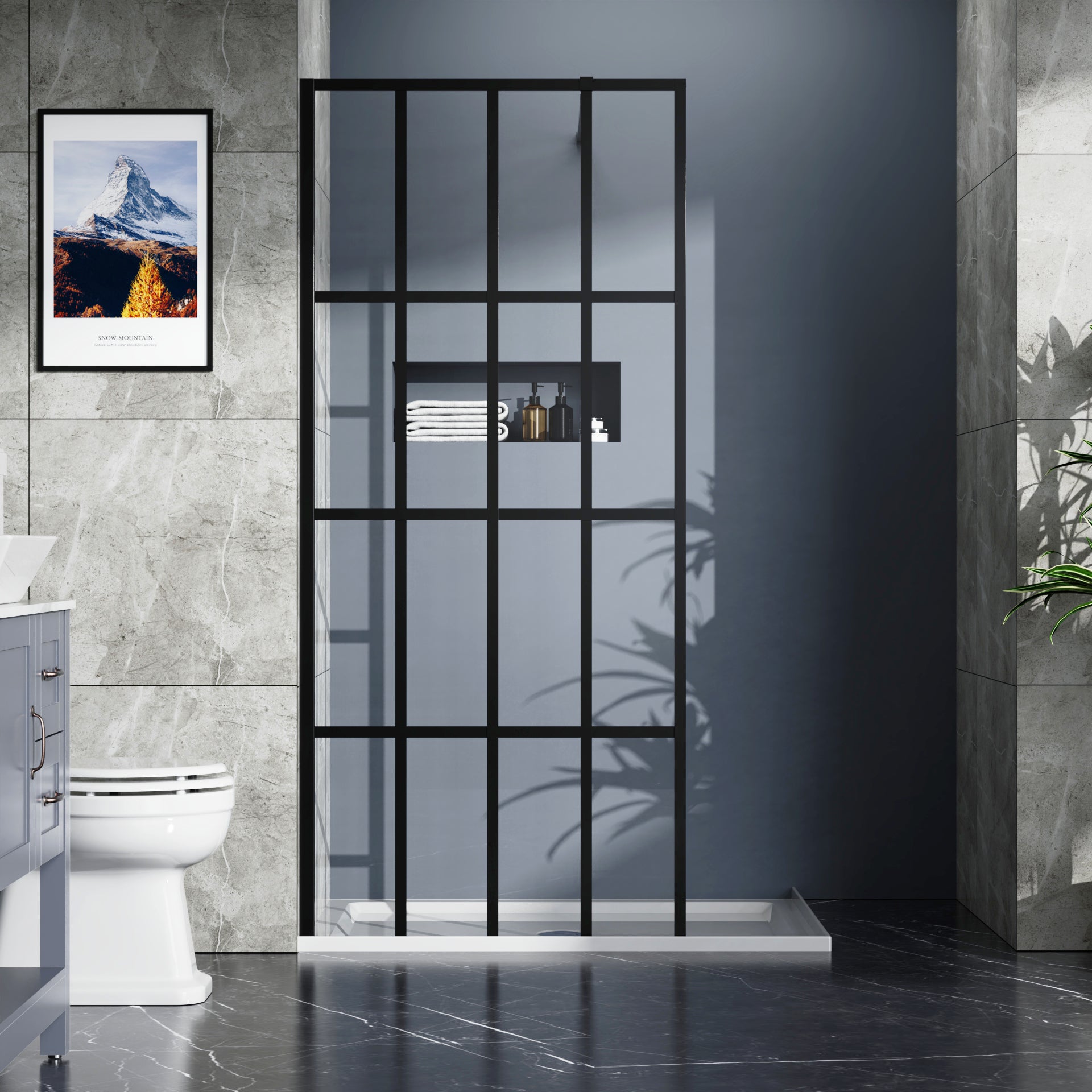 Clear 4-panel shower screen frame and glass detail