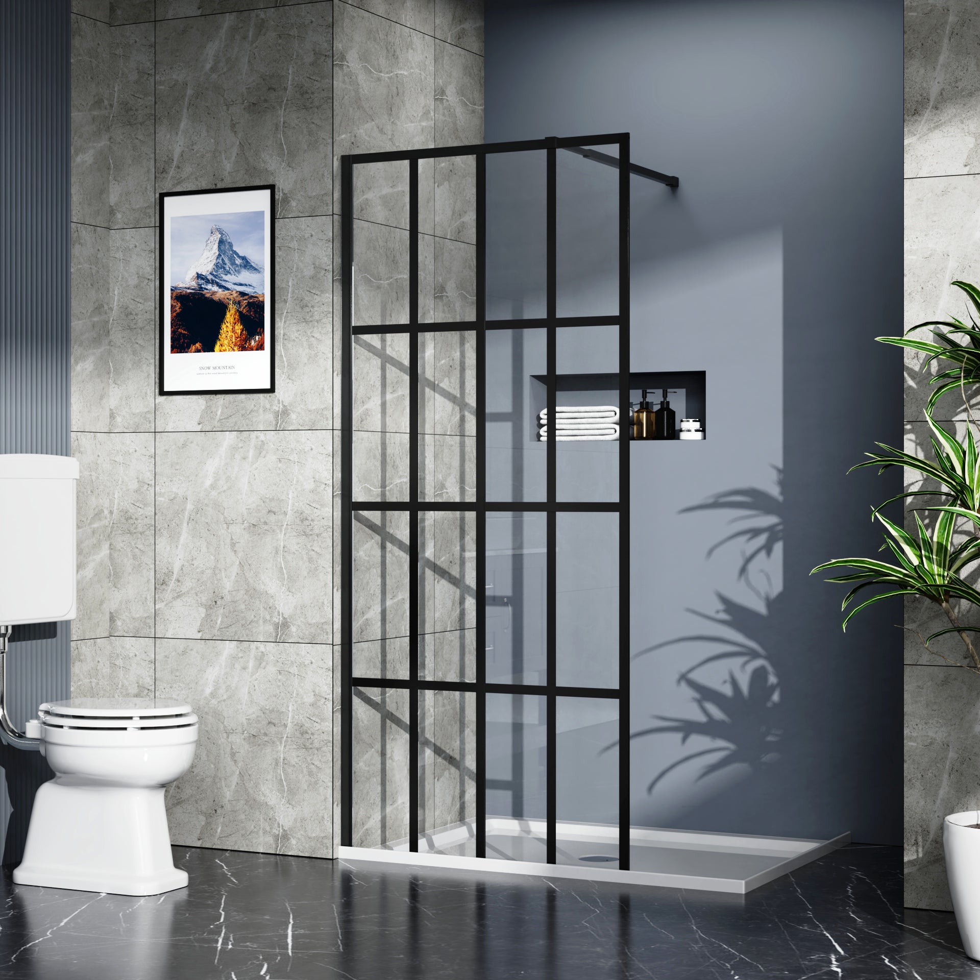 Clear 4-panel shower screen hardware and support view