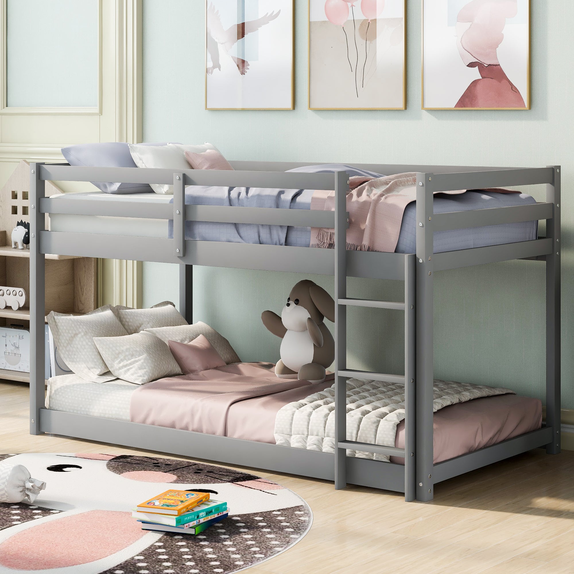 Twin over twin gray floor bunk bed with ladder, front view
