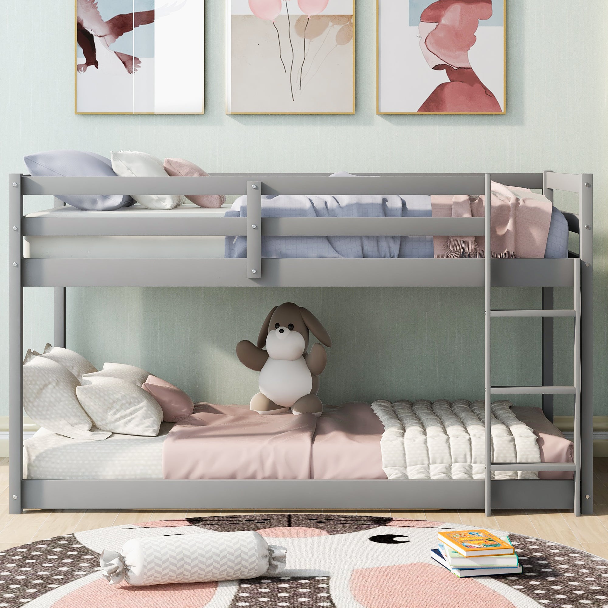 Twin over twin gray bunk bed, angled side view showing ladder