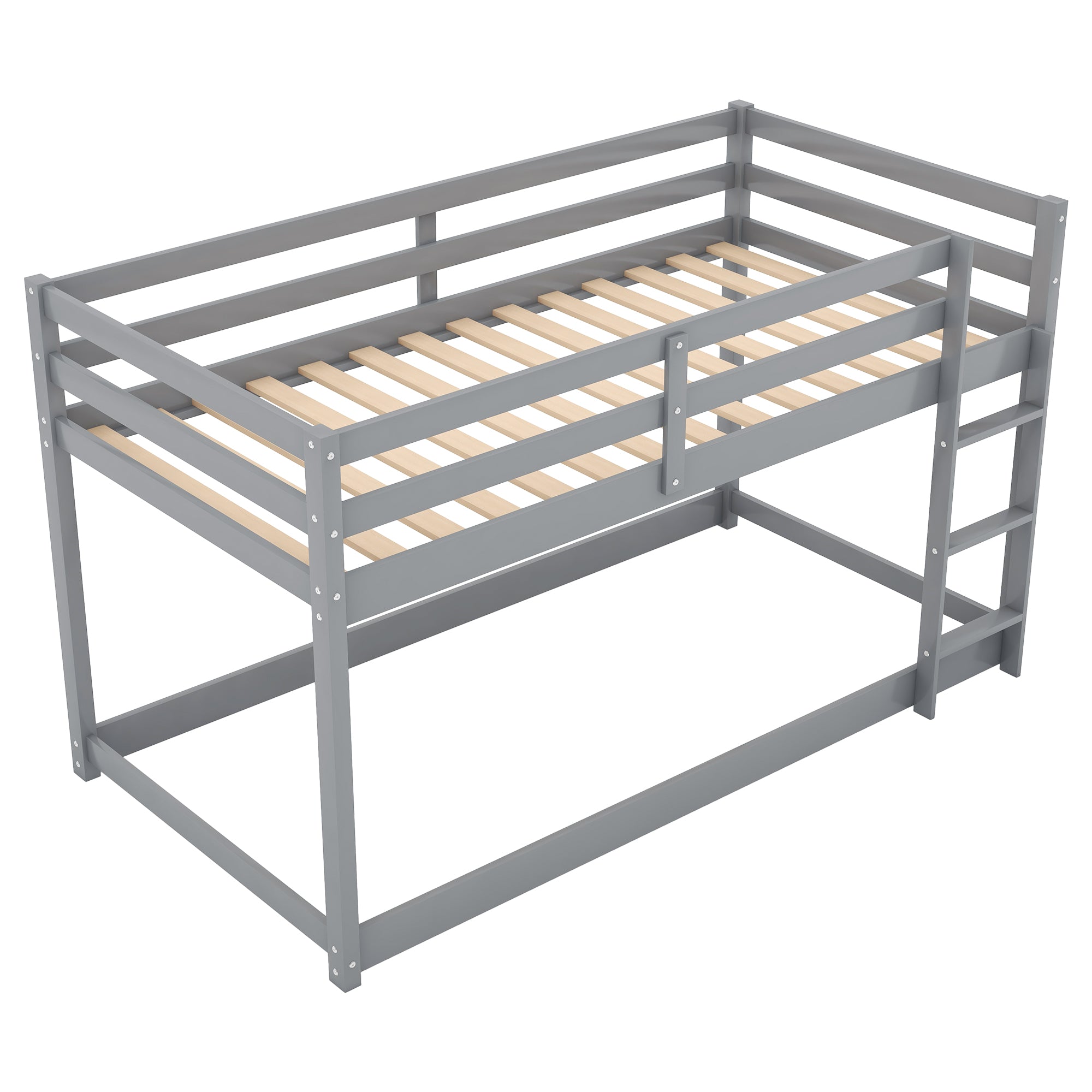Twin over twin gray bunk bed with ladder, rear angle view
