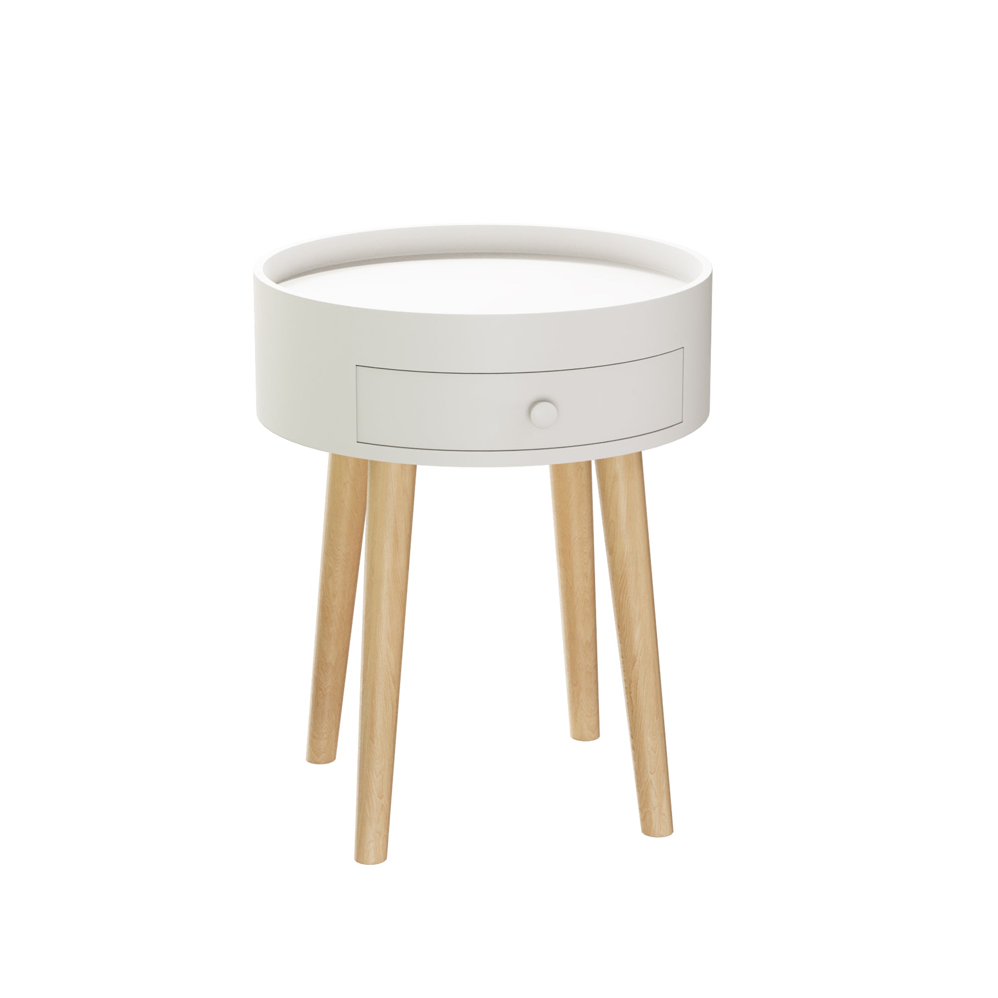 18-inch white side table with oak legs, drawer detail close-up