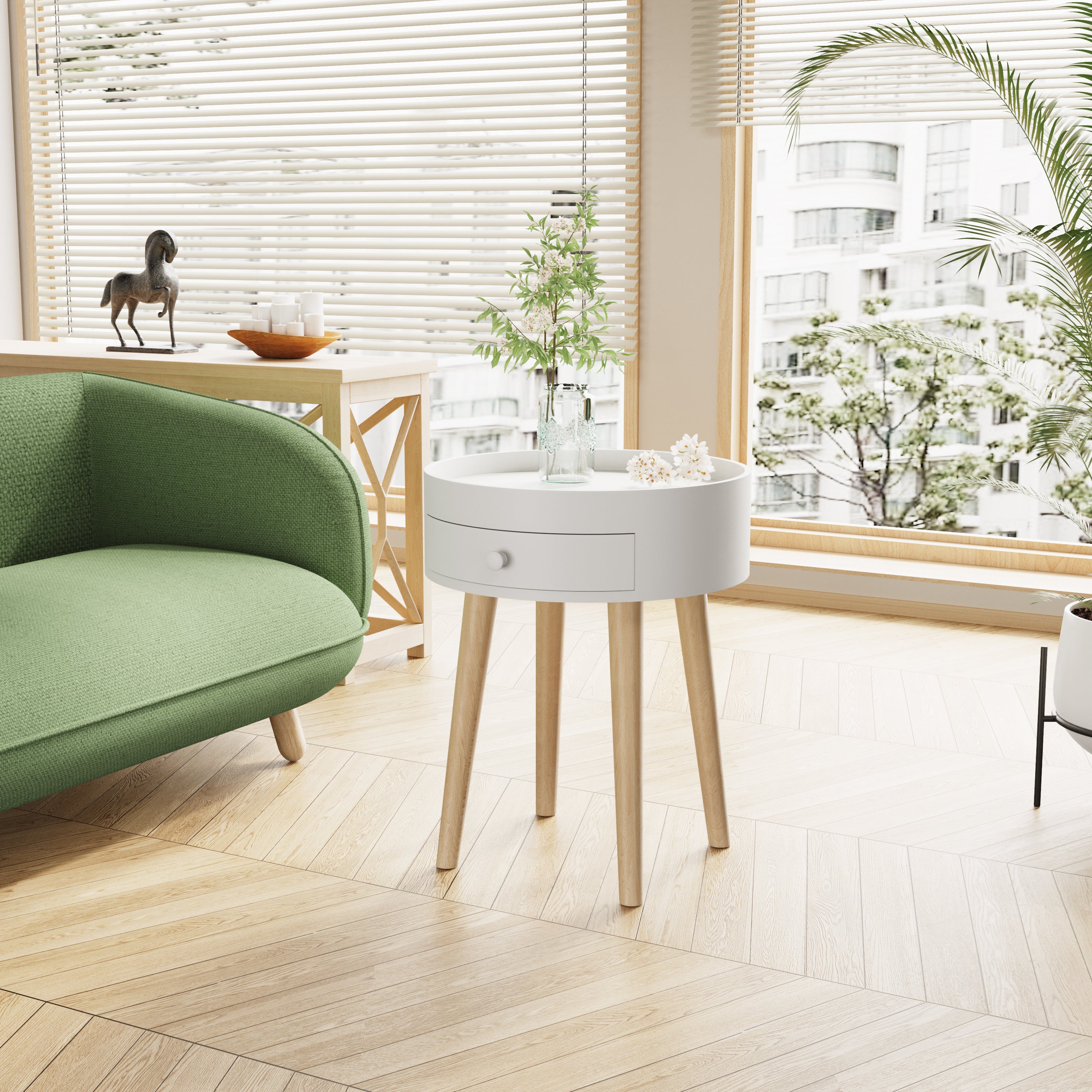 18-inch white bedside table with oak legs, angled view