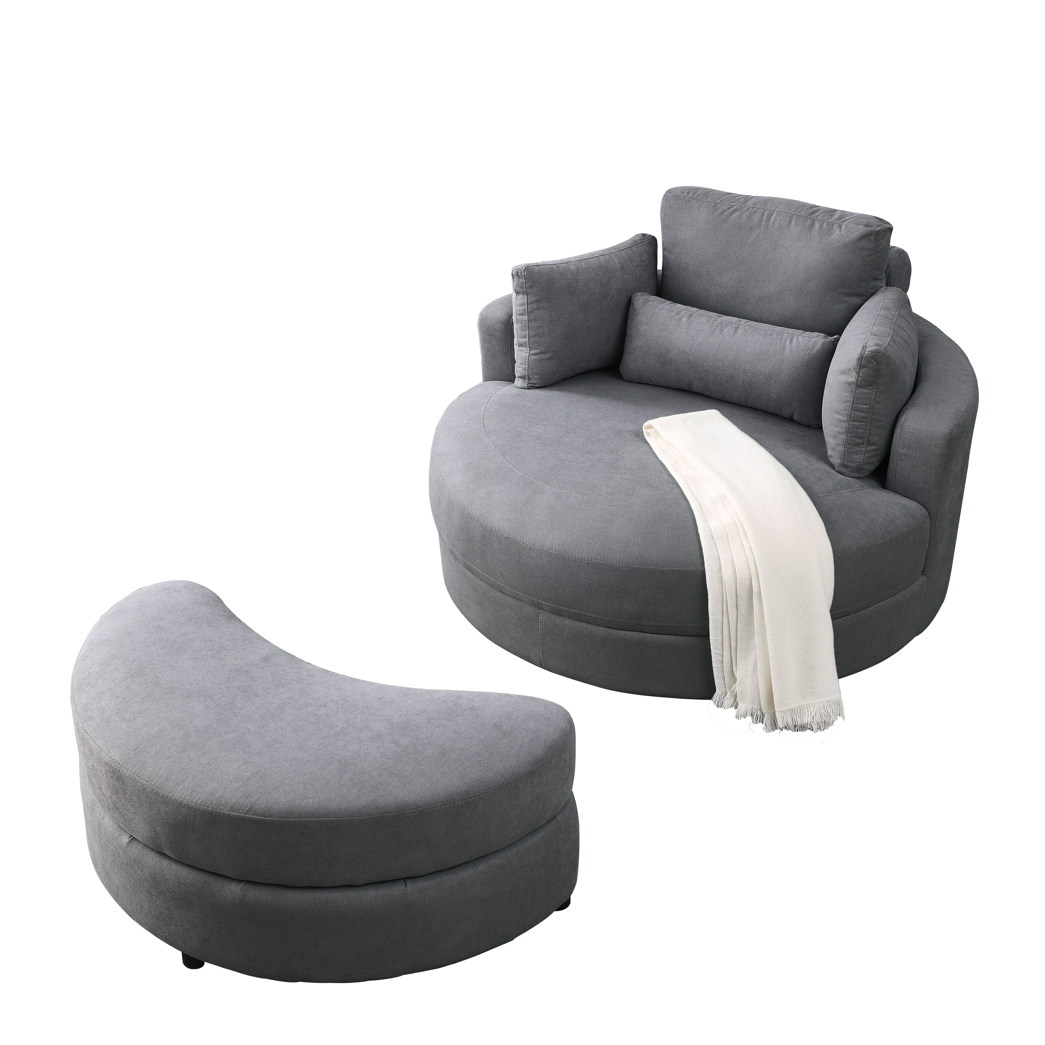 [Video] Welike Swivel Accent Barrel Modern Dark Grey Sofa Lounge Club Big Round Chair with Storage Ottoman Linen Fabric for Living Room Hotel with Pillows